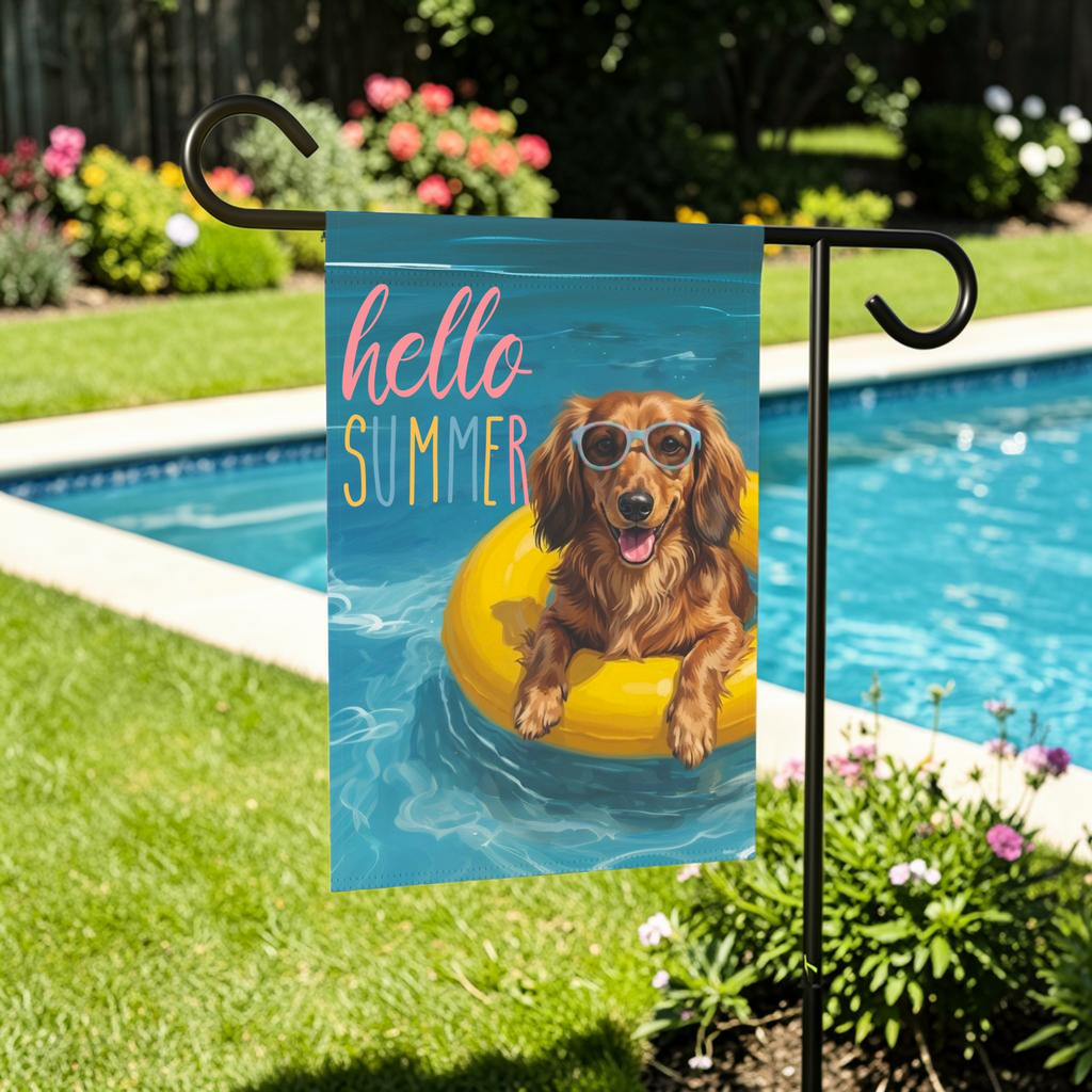Hello Summer Long Hair Dachshund Garden Flag