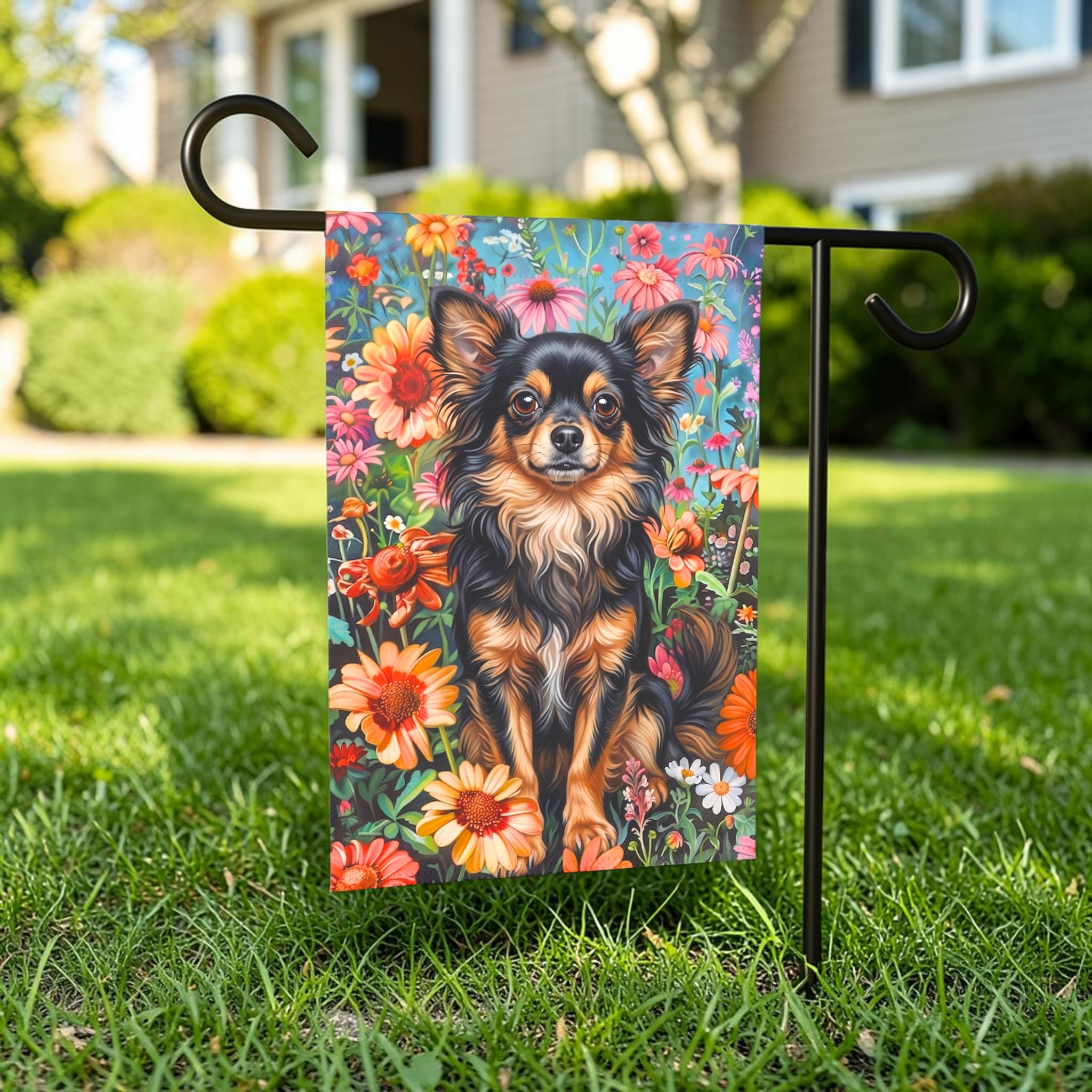 Flower Garden Long Hair Chihuahua Garden Flag