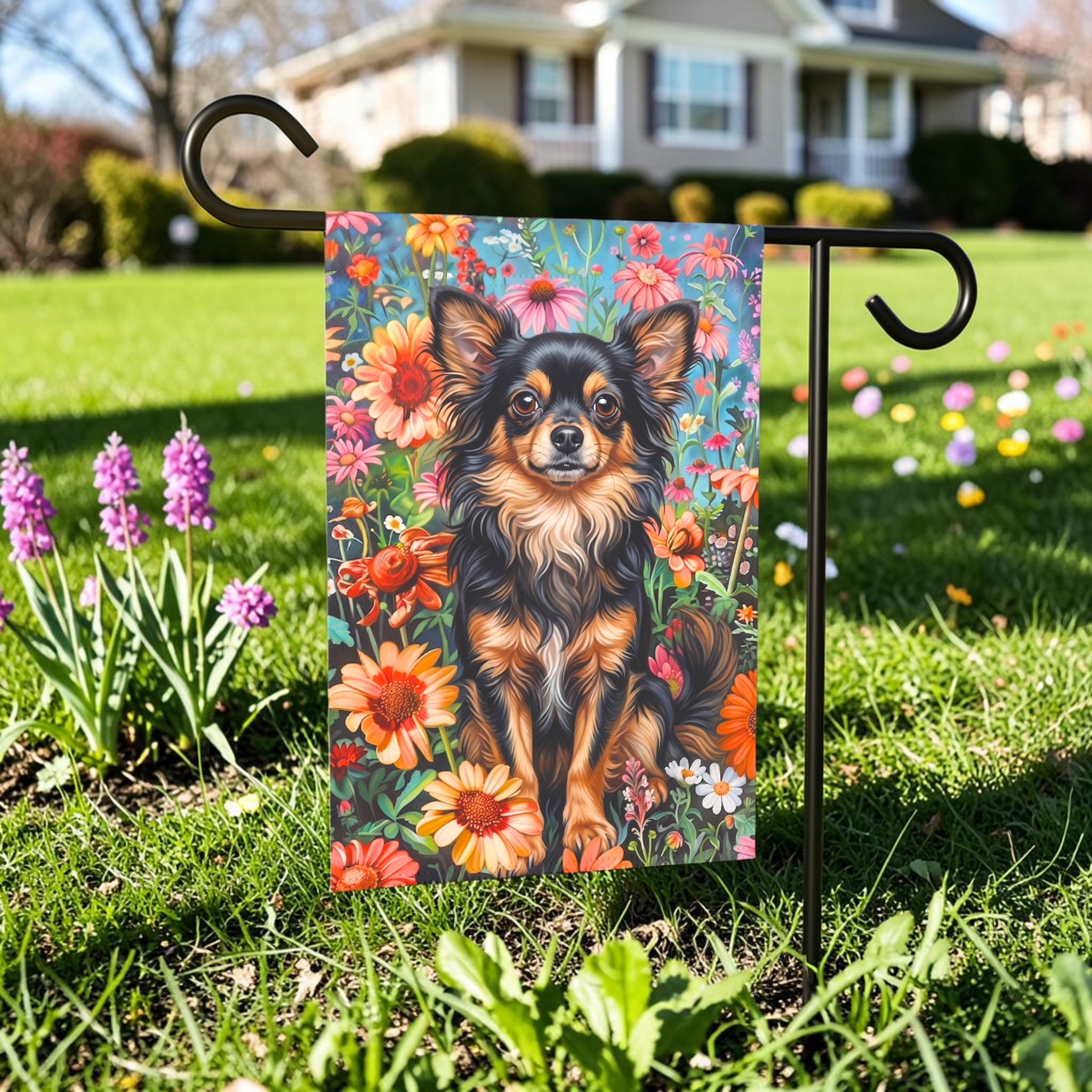 Flower Garden Long Hair Chihuahua Garden Flag