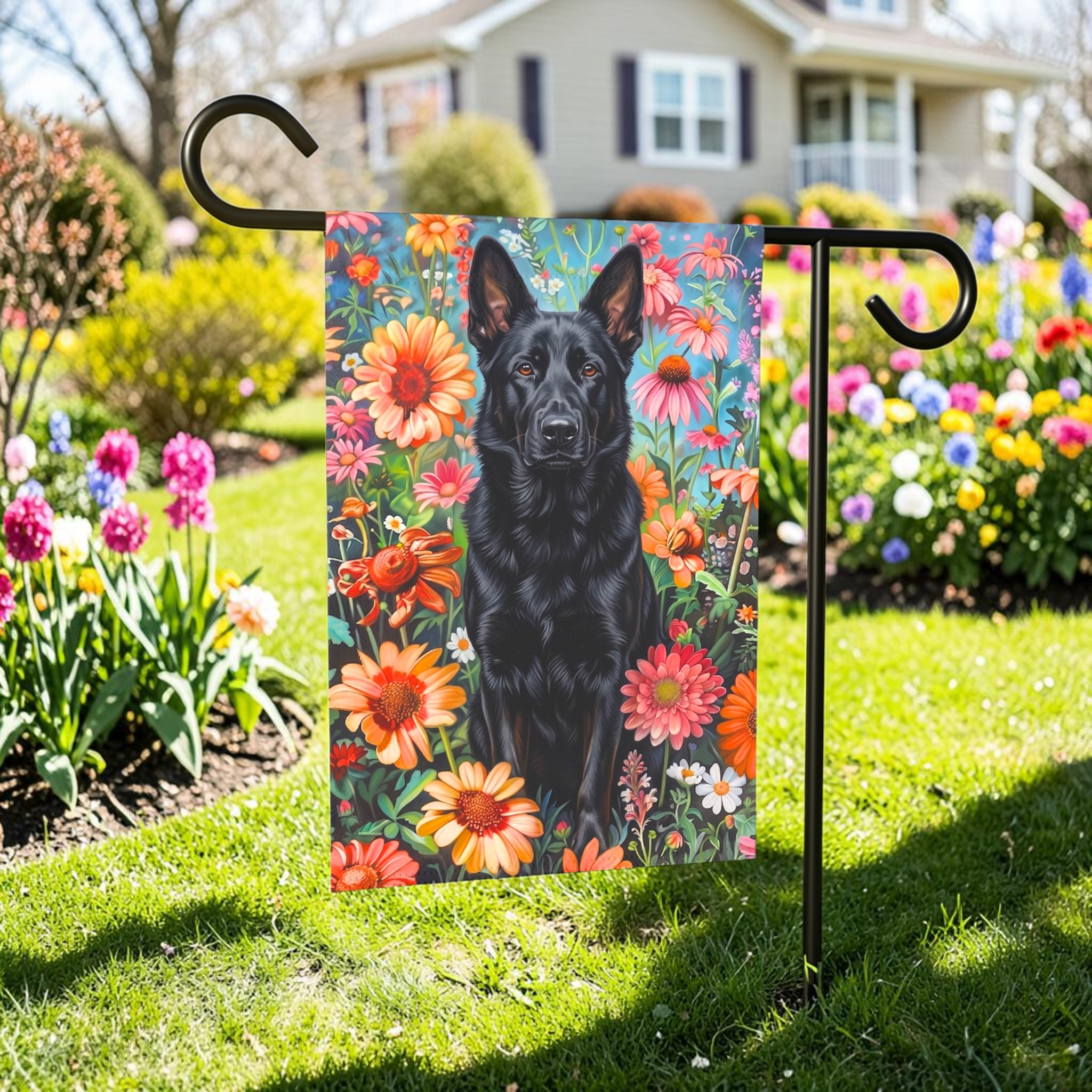 Flower Garden Black German Shepherd Garden Flag