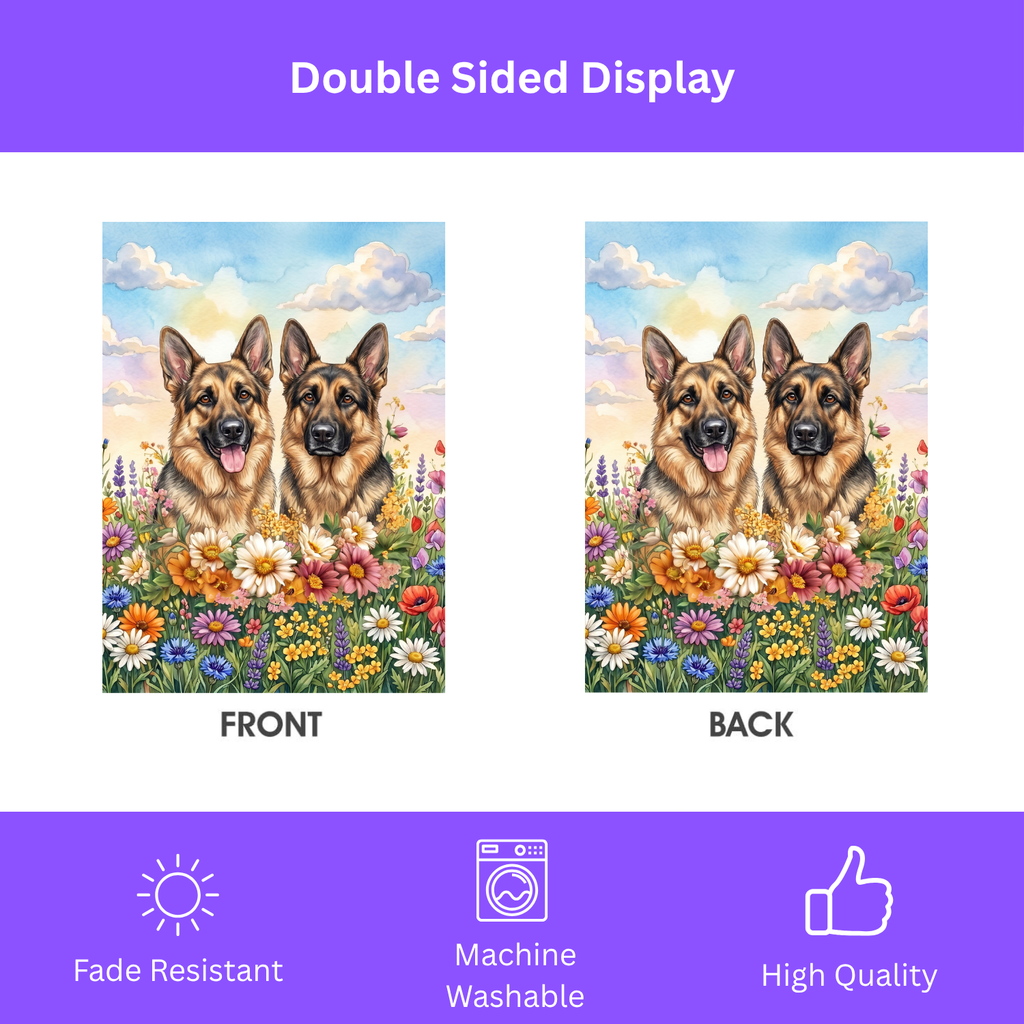 Two German Shepherds in Flowers Garden Flag