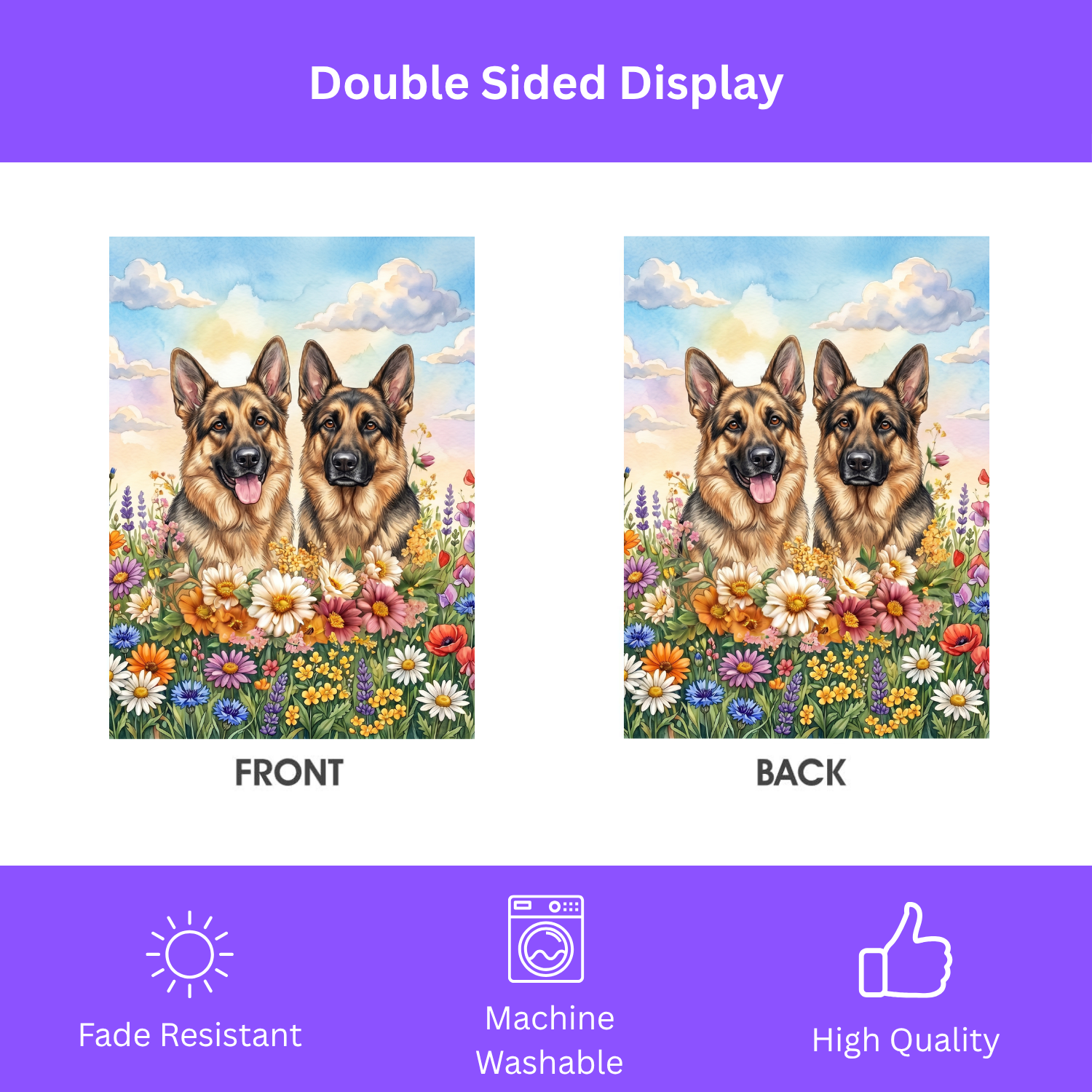 Two German Shepherds in Flowers Garden Flag