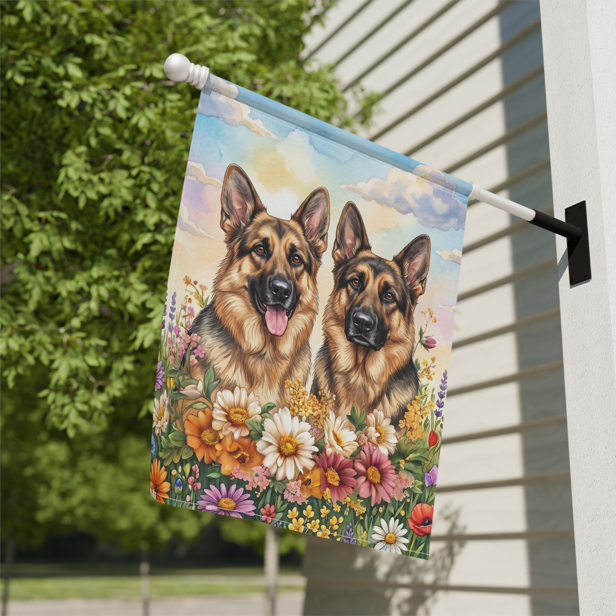 Two German Shepherds in Flowers Garden Flag