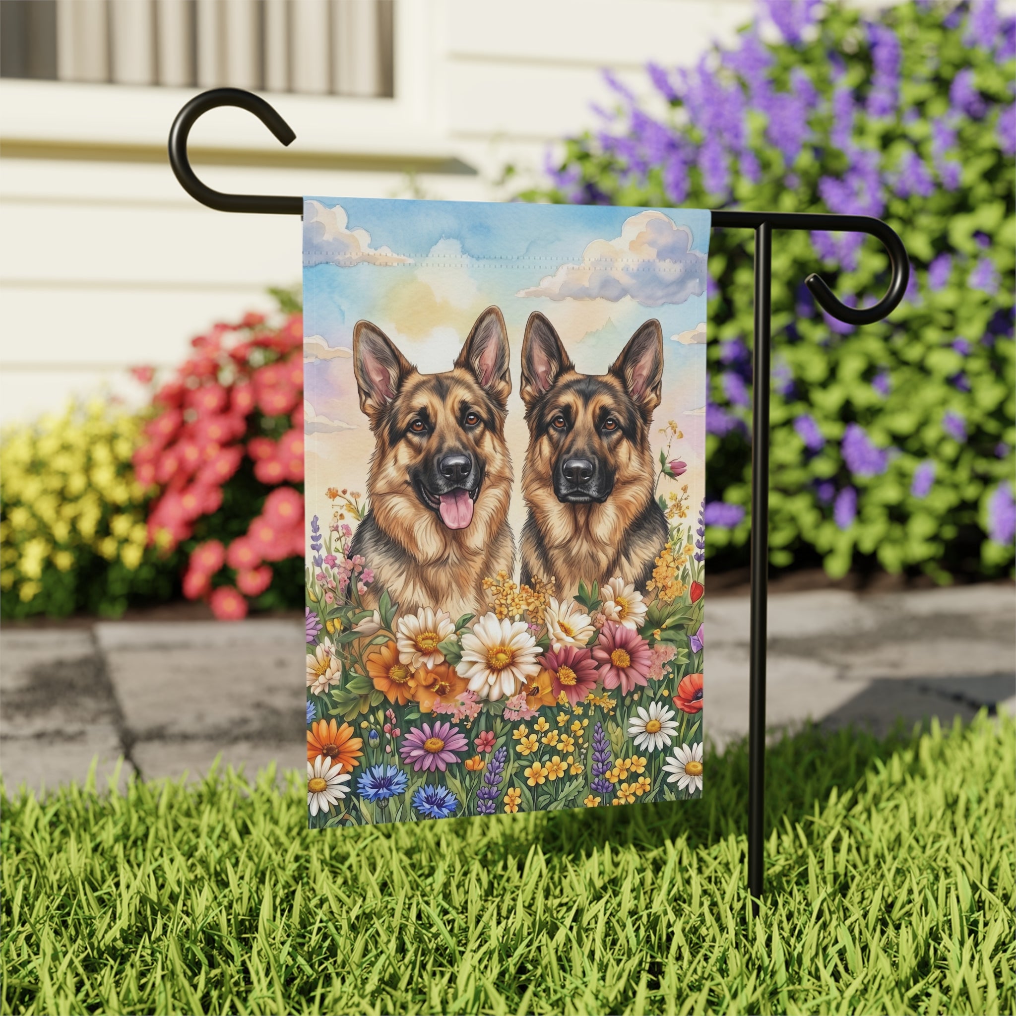 Two German Shepherds in Flowers Garden Flag