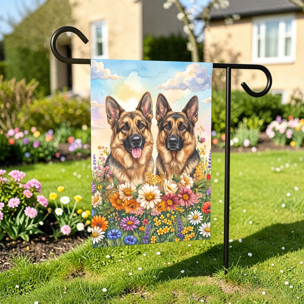 Two German Shepherds in Flowers Garden Flag