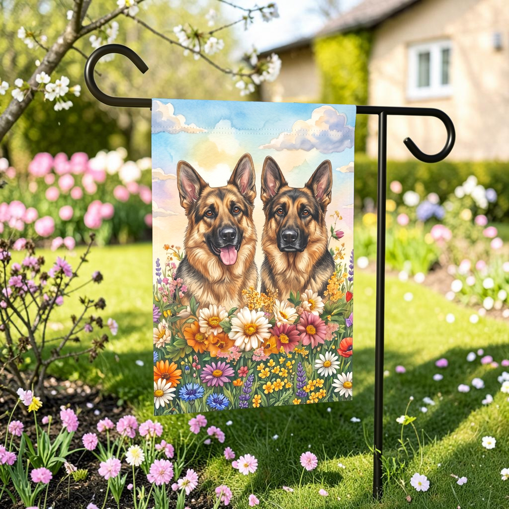 Two German Shepherds in Flowers Garden Flag