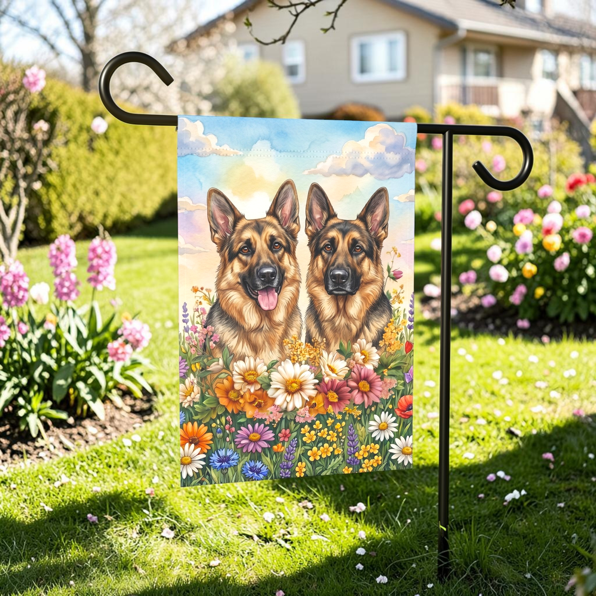 Two German Shepherds in Flowers Garden Flag
