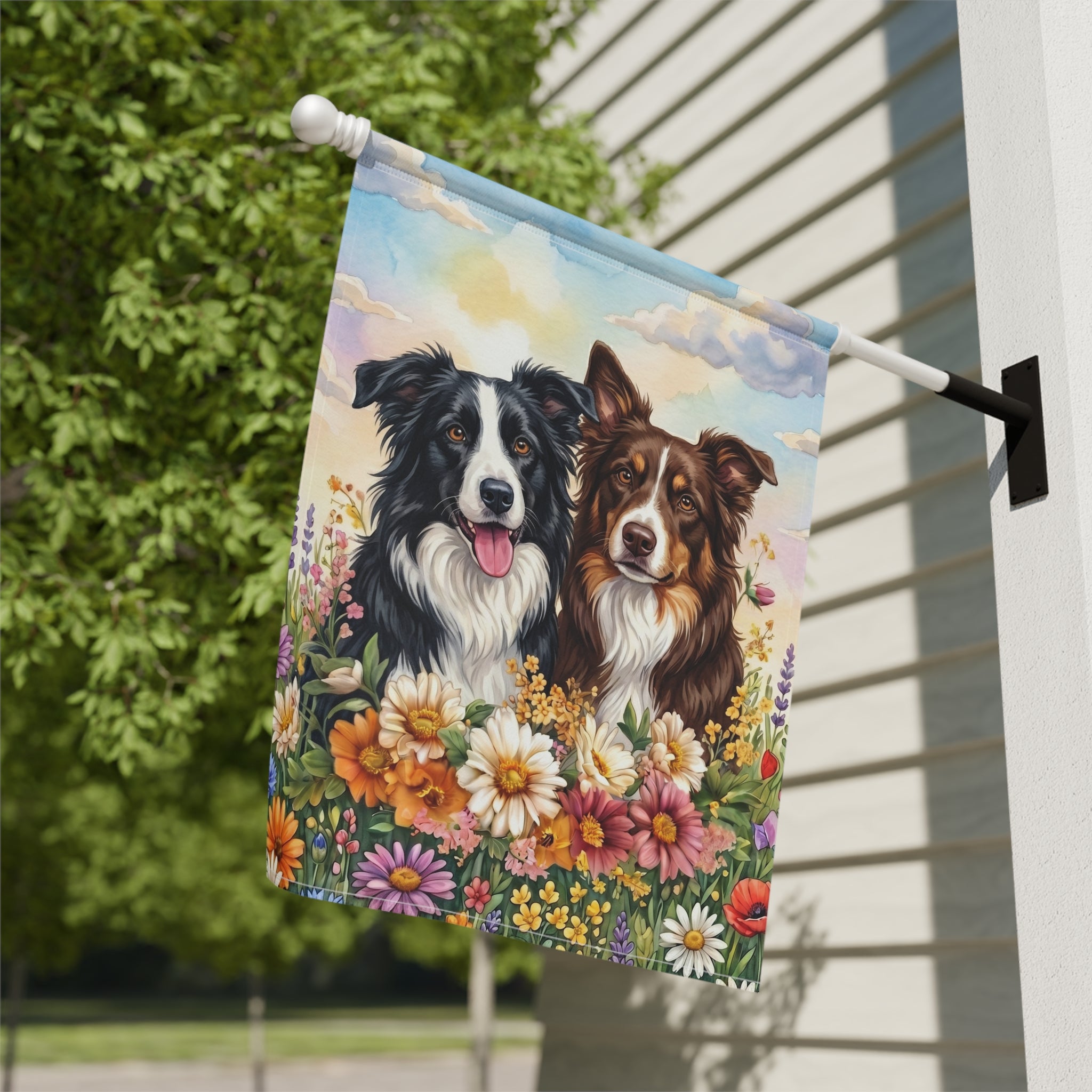 Two Border Collies in Flowers Garden Flag