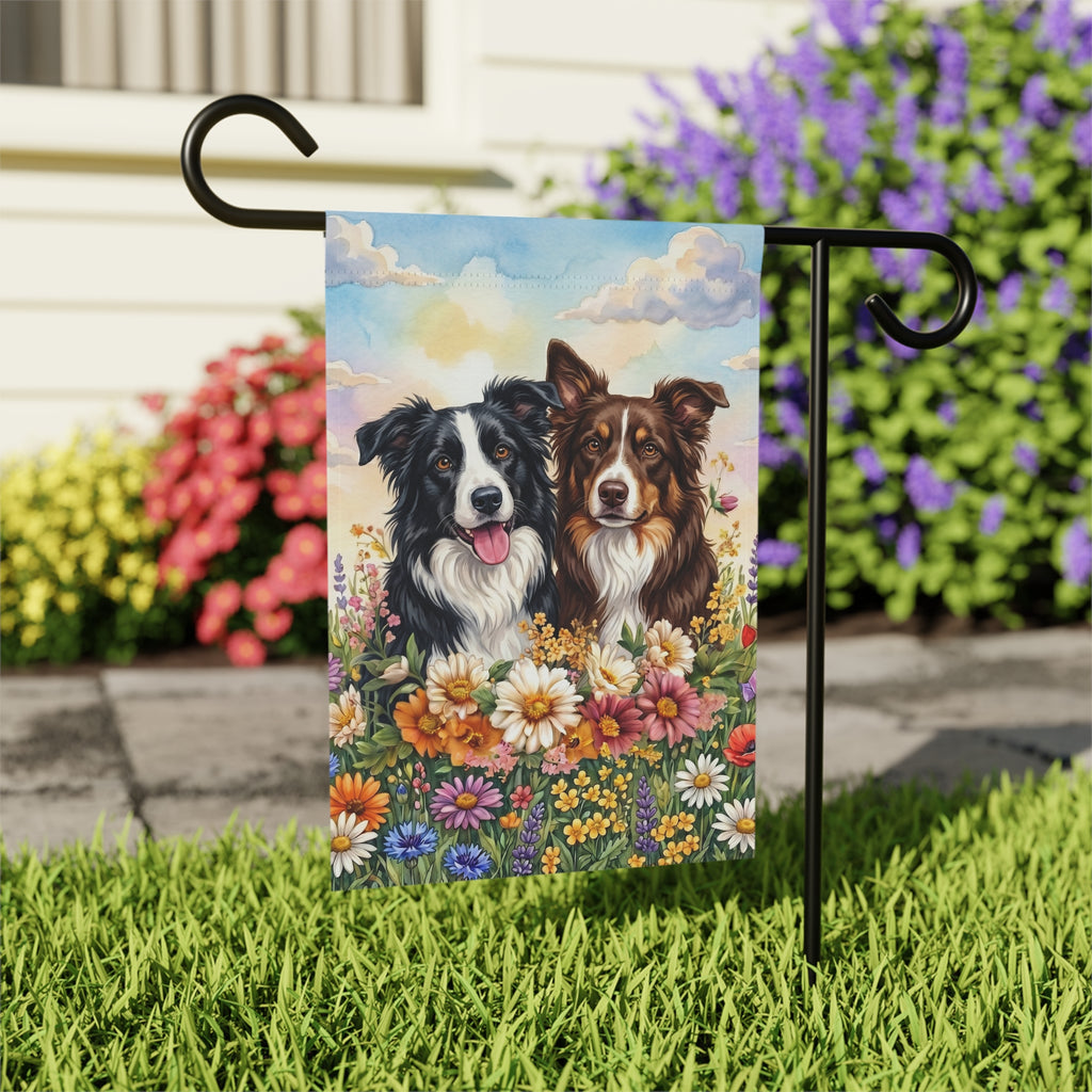 Two Border Collies in Flowers Garden Flag