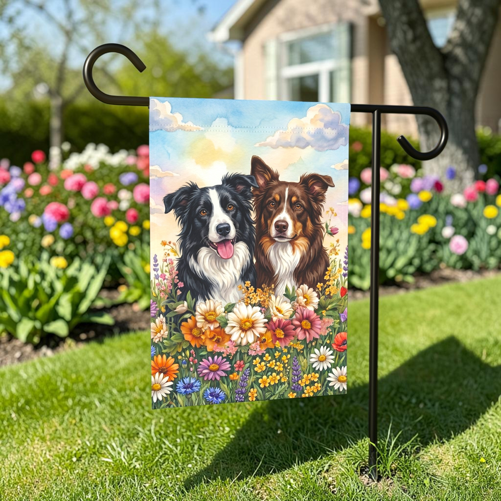 Two Border Collies in Flowers Garden Flag