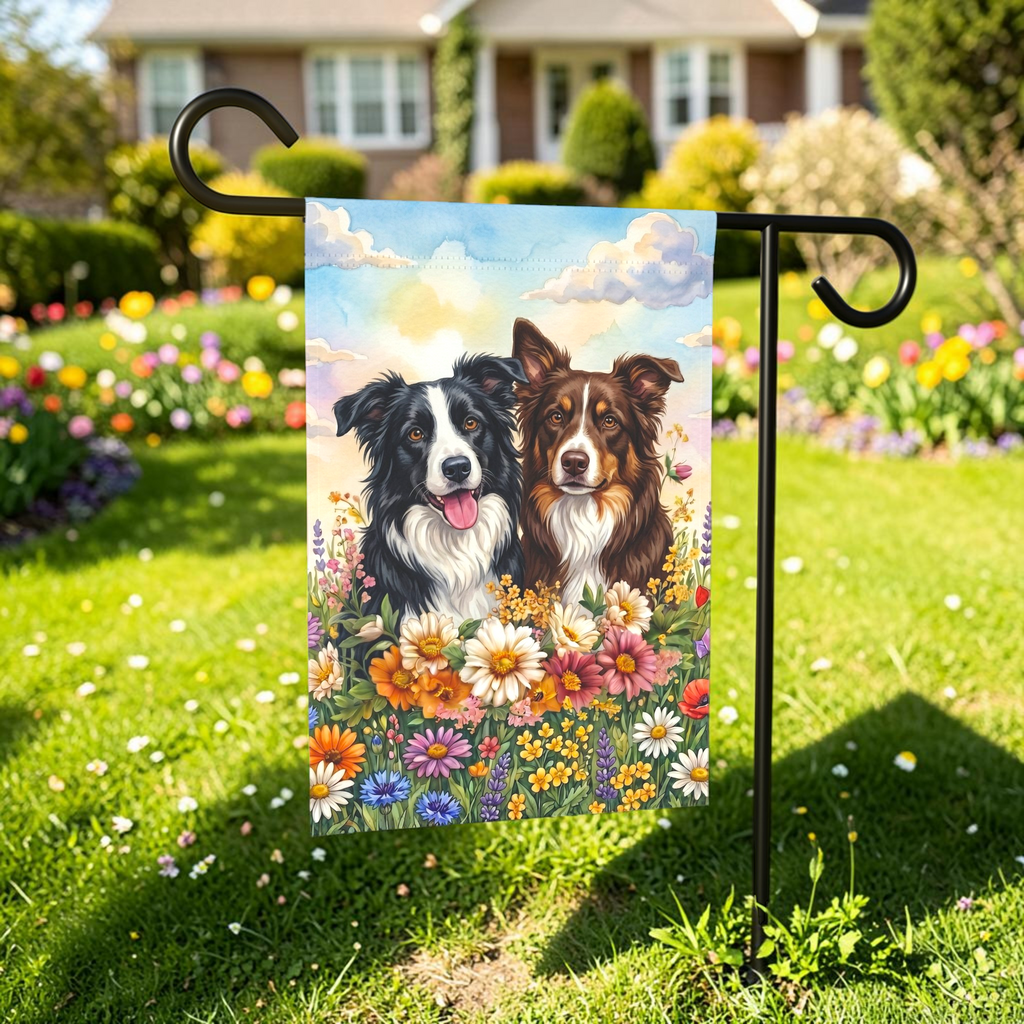 Two Border Collies in Flowers Garden Flag