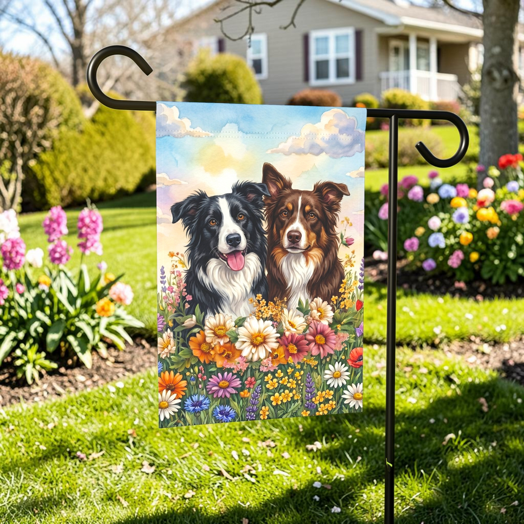 Two Border Collies in Flowers Garden Flag