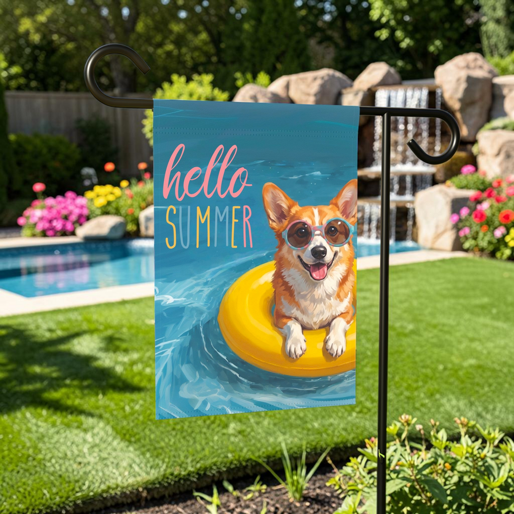 Hello Summer Corgi Garden Flag