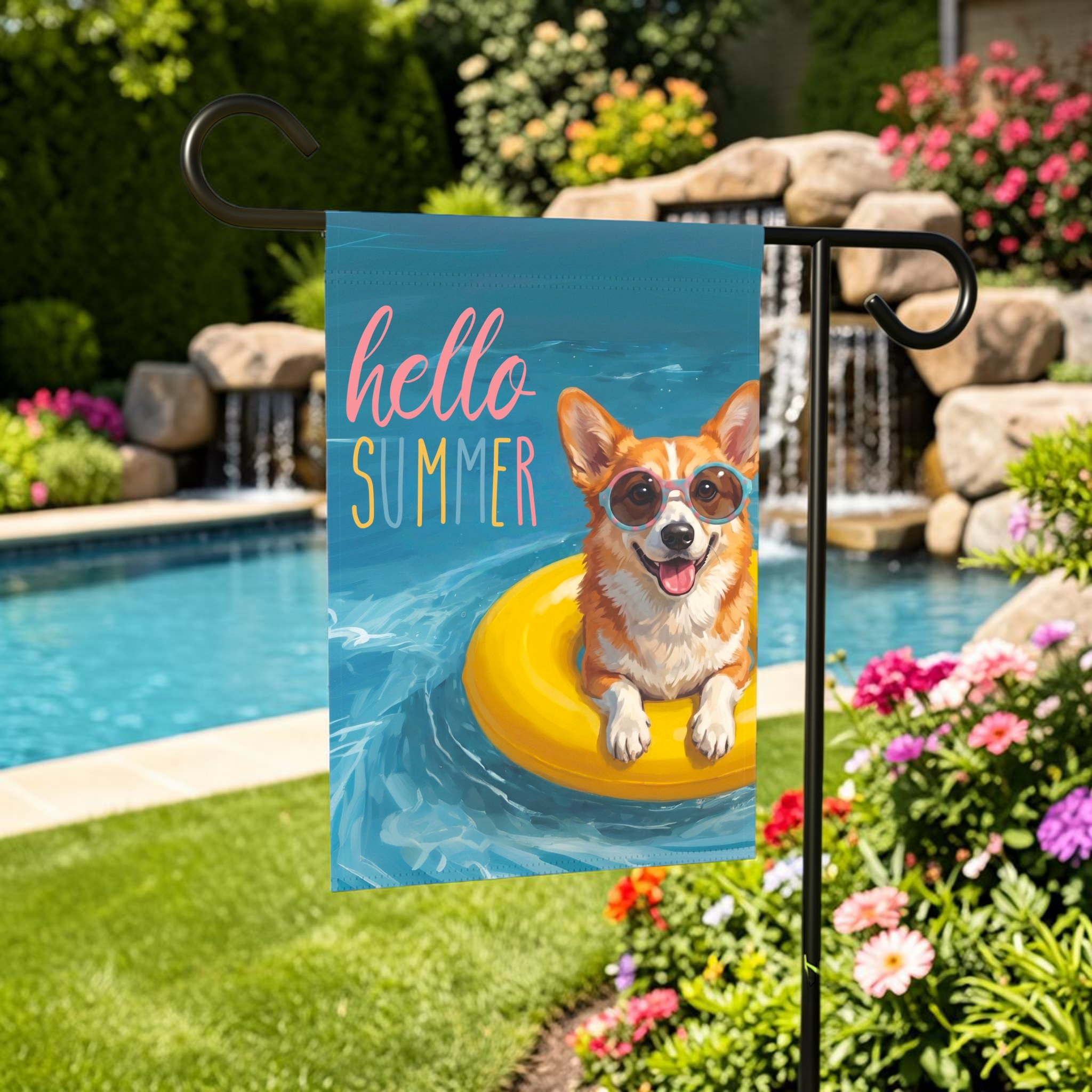 Hello Summer Corgi Garden Flag
