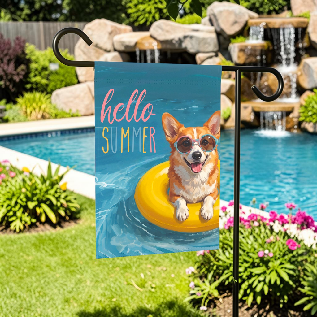 Hello Summer Corgi Garden Flag
