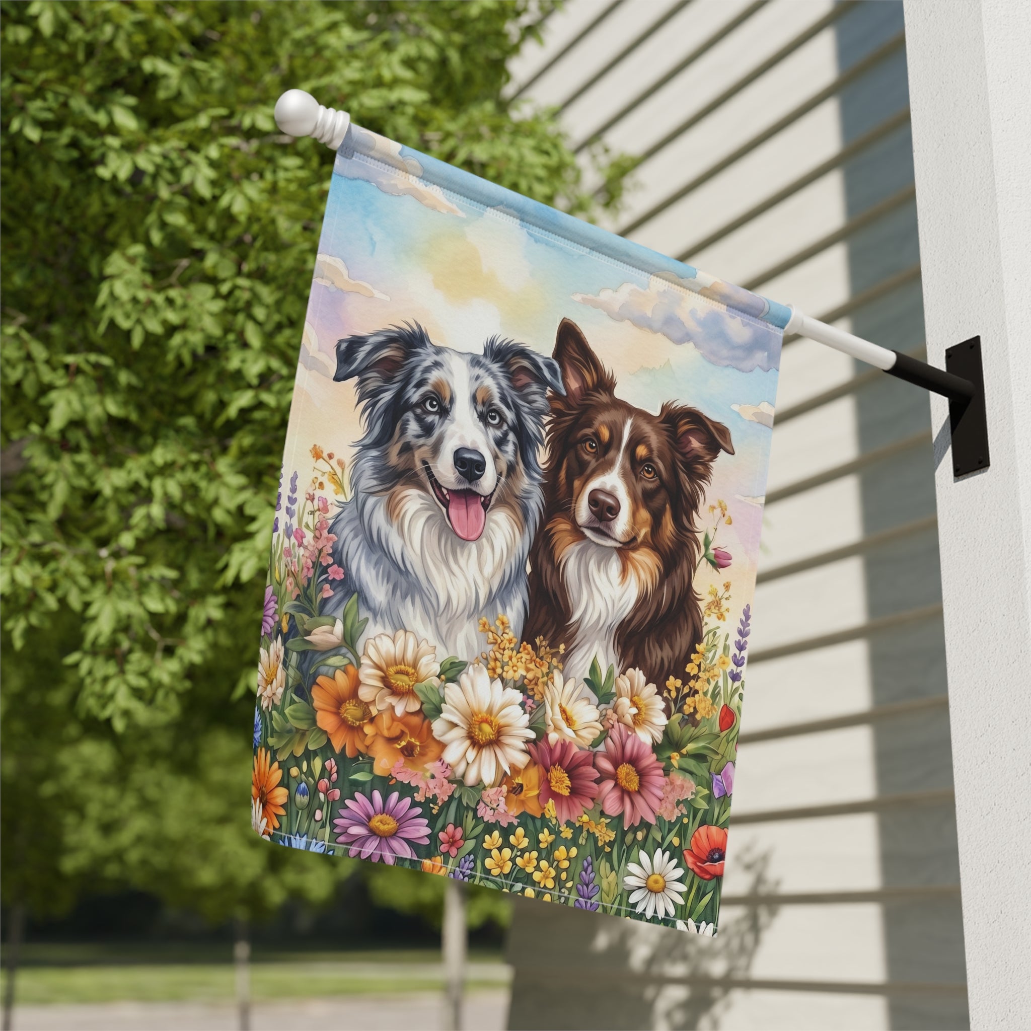 Border Collies in Flowers Garden Flag