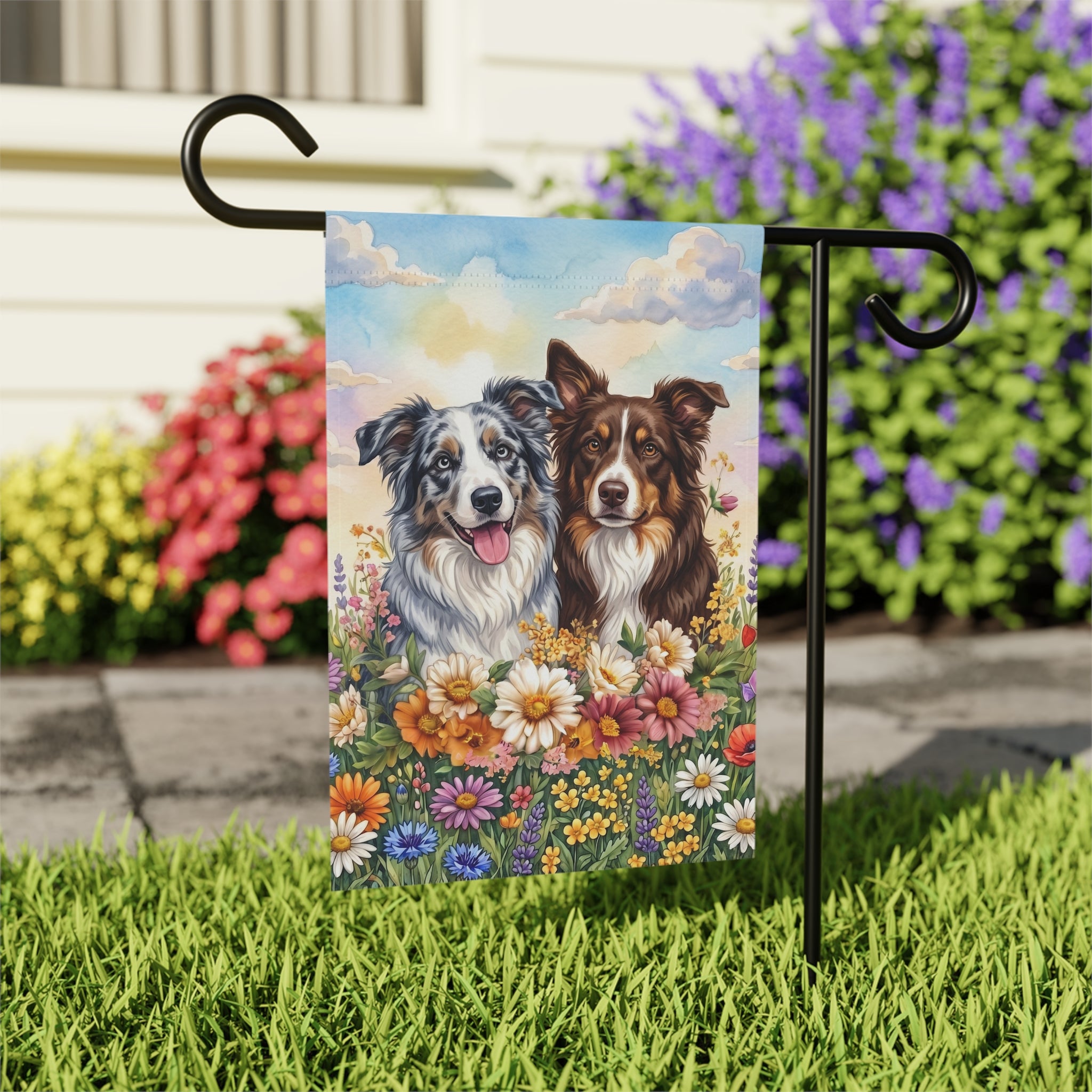 Border Collies in Flowers Garden Flag