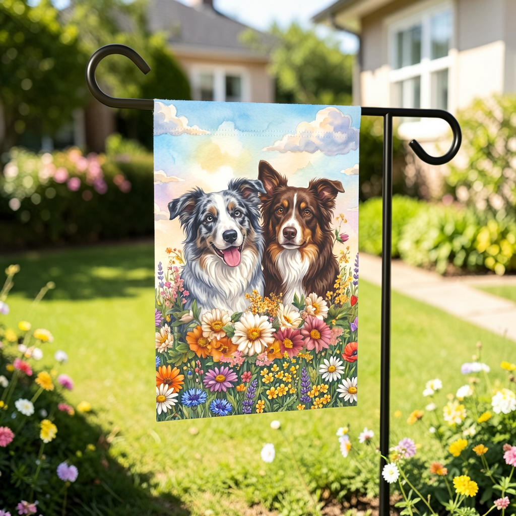Border Collies in Flowers Garden Flag