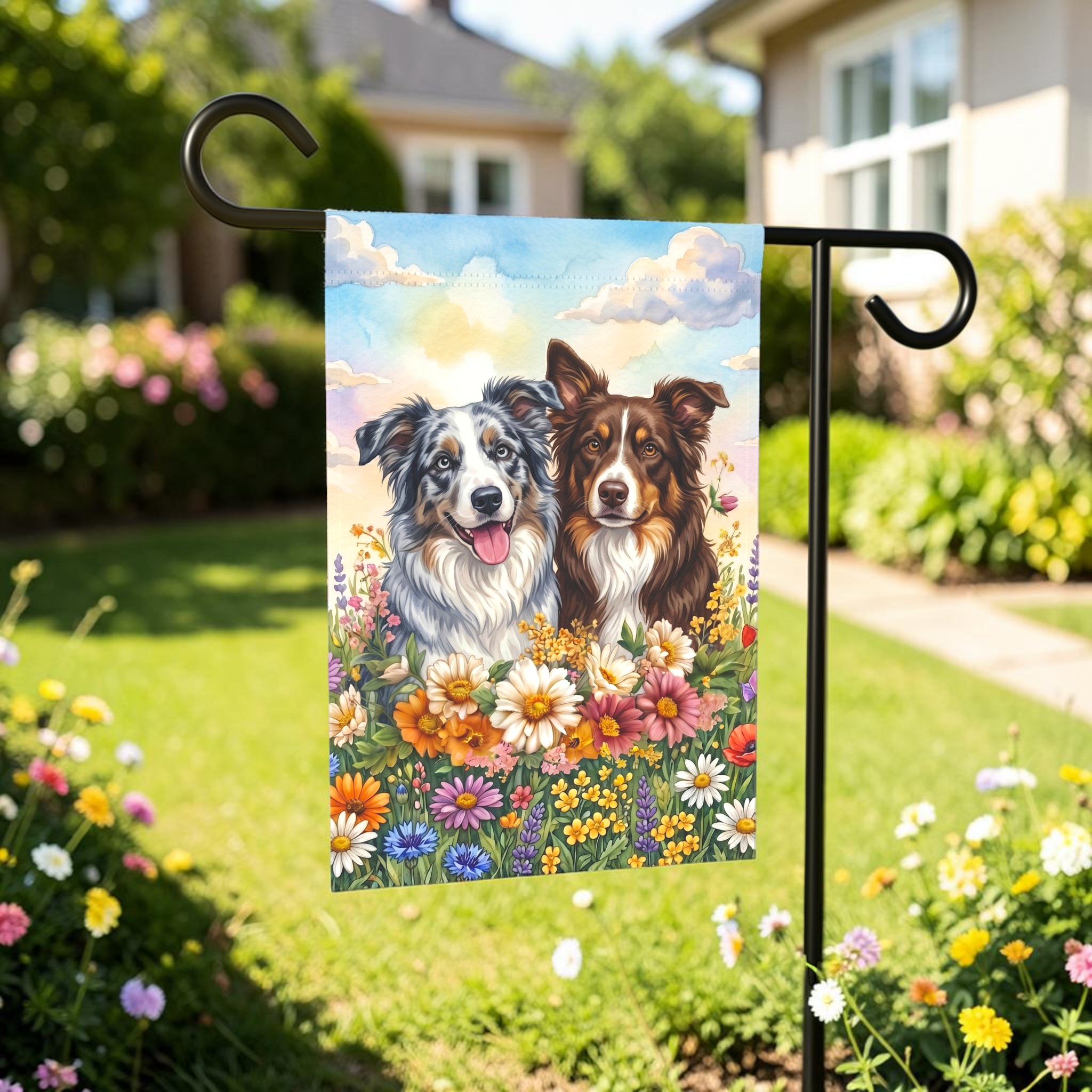 Border Collies in Flowers Garden Flag