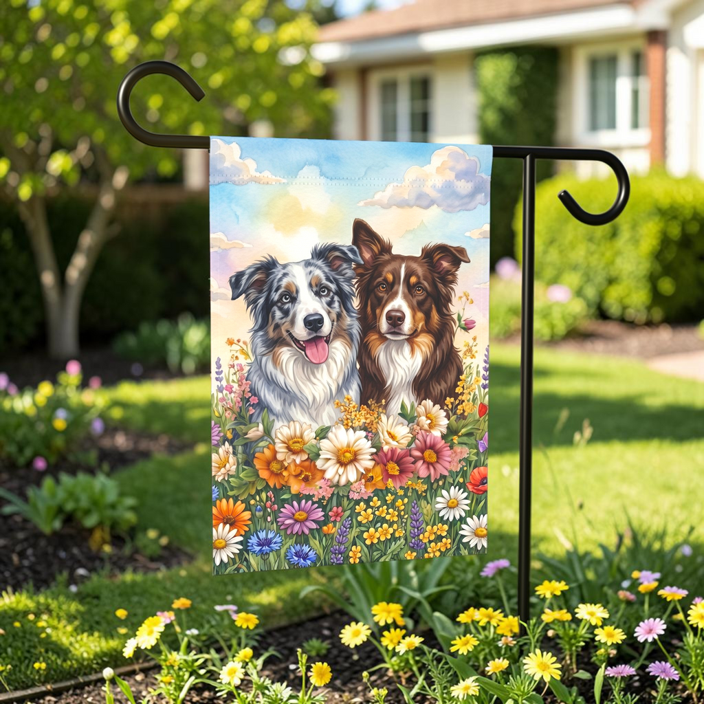 Border Collies in Flowers Garden Flag