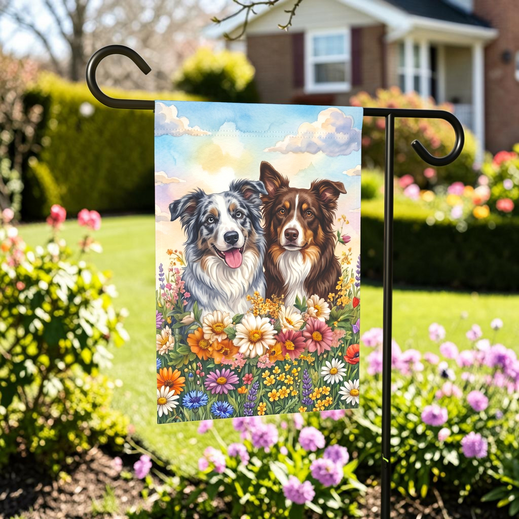 Border Collies in Flowers Garden Flag