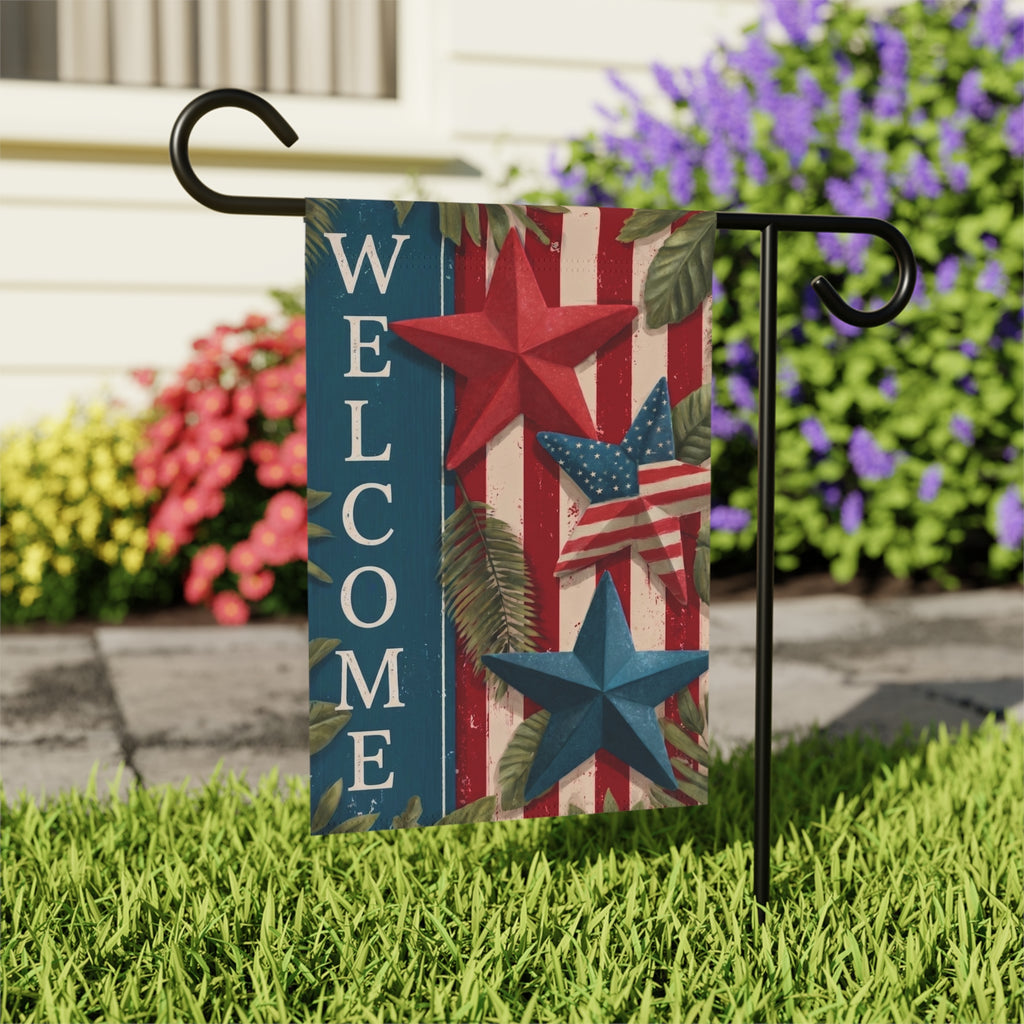 Star Patriotic Welcome Garden Flag - close-up detail - Dragonfire Gardens