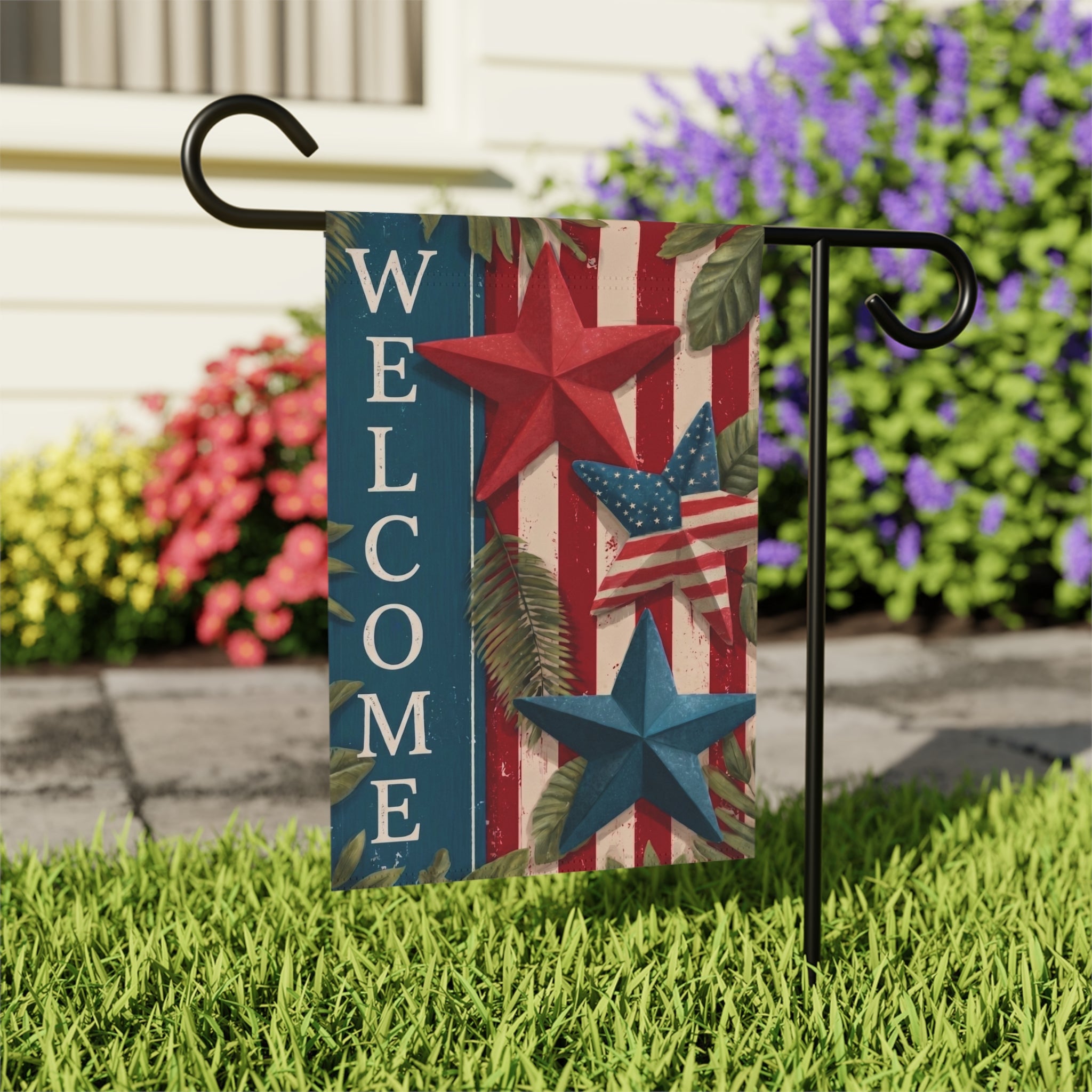 Star Patriotic Welcome Garden Flag - close-up detail - Dragonfire Gardens