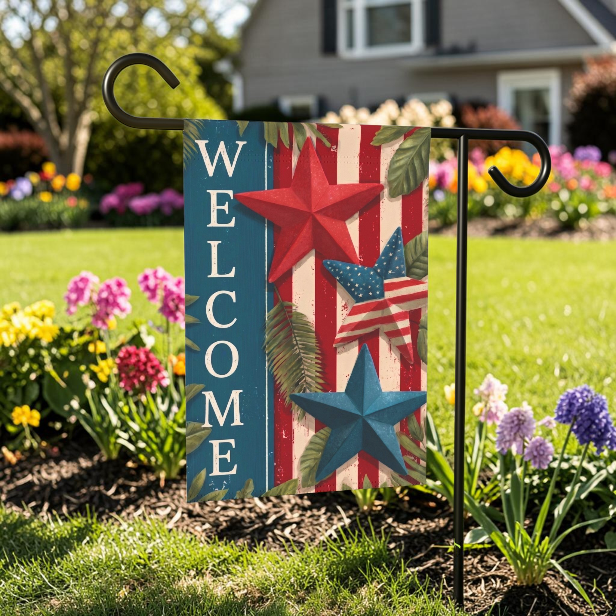 Star Patriotic Welcome Garden Flag - lifestyle display - Dragonfire Gardens