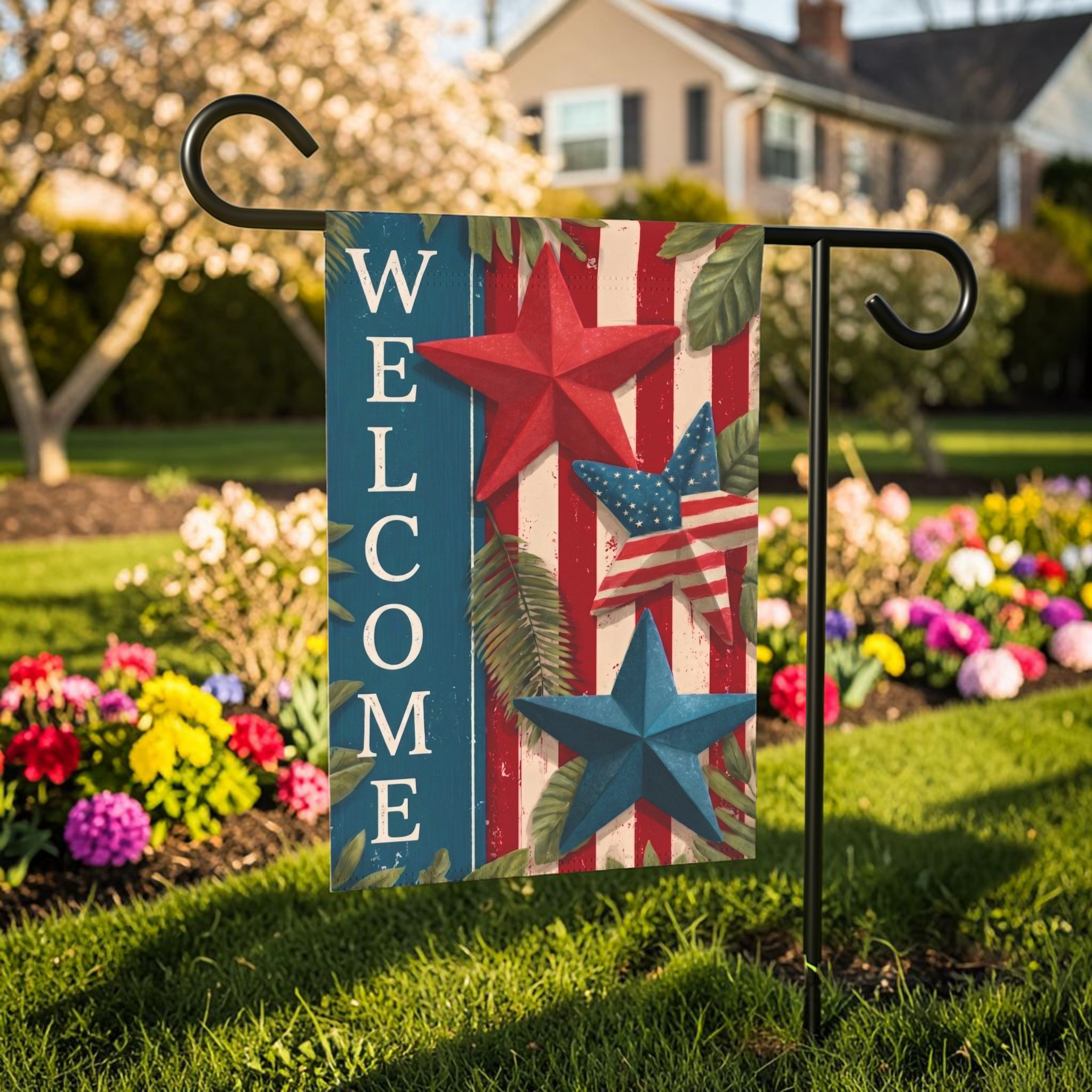 Star Patriotic Welcome Garden Flag - front view - Dragonfire Gardens