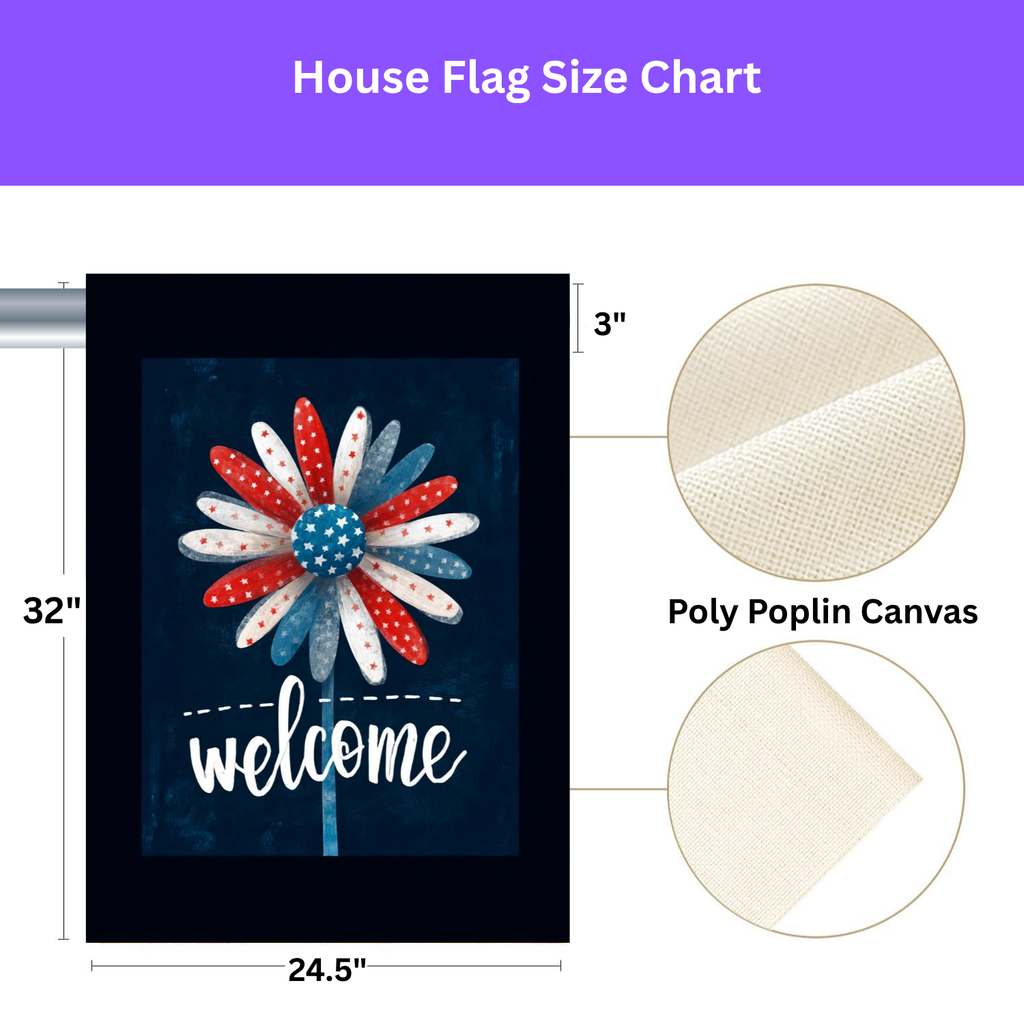 Patriotic Daisy Welcome Garden Flag - size comparison - Dragonfire Gardens