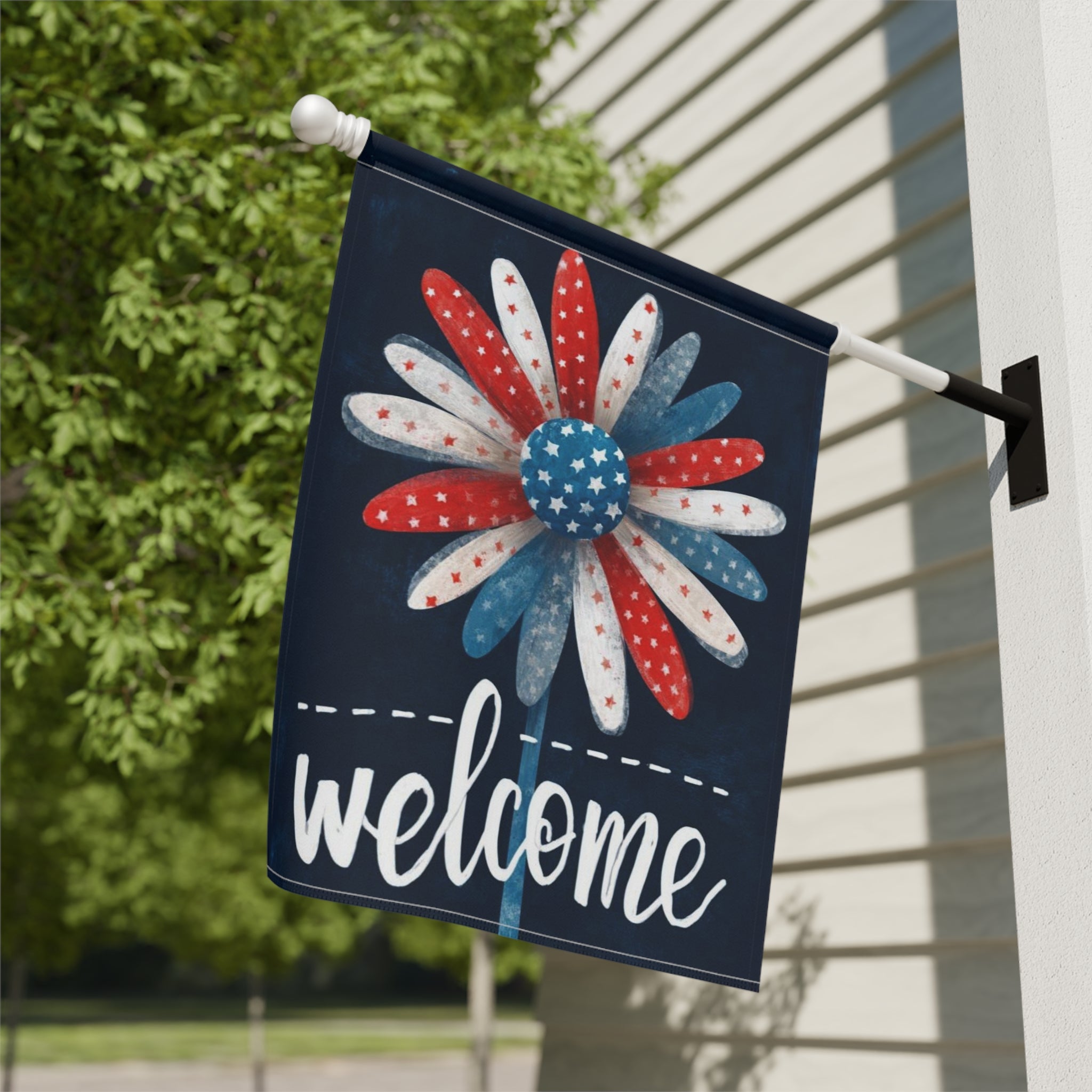 Patriotic Daisy Welcome Garden Flag - yard display - Dragonfire Gardens