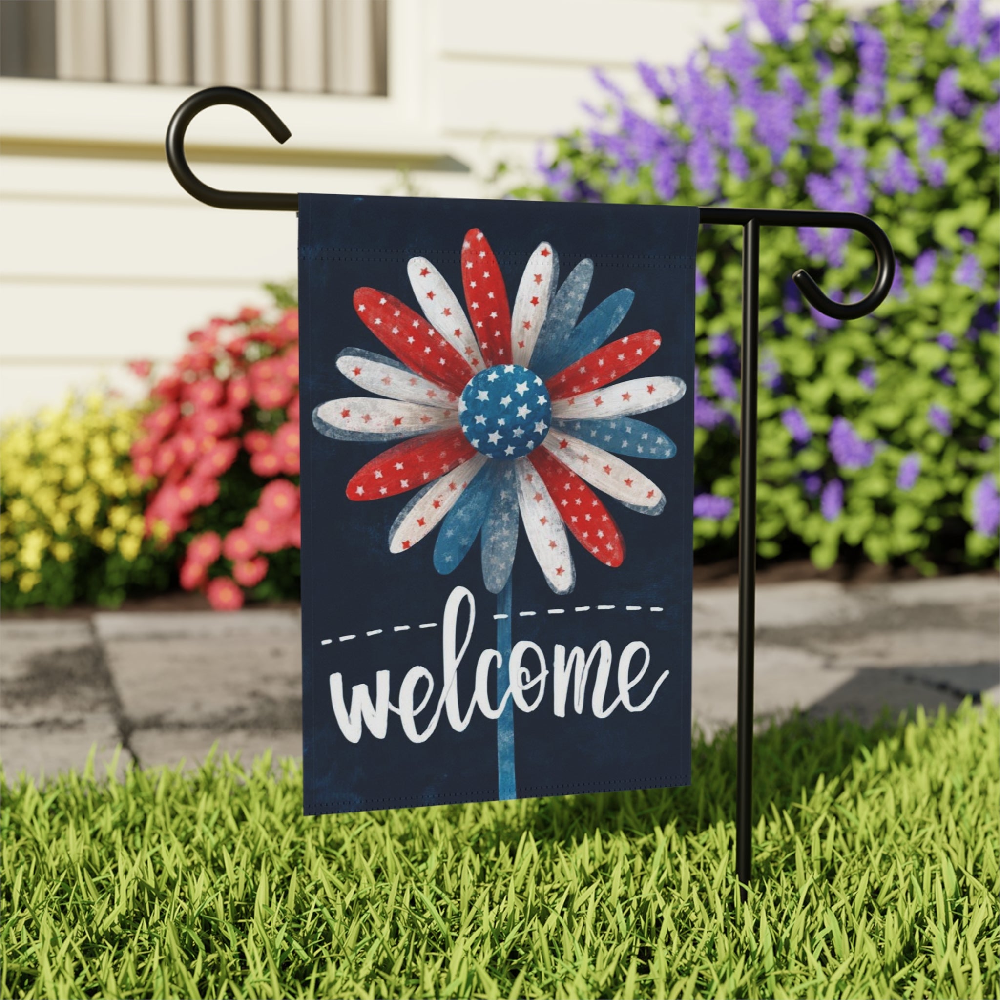 Patriotic Daisy Welcome Garden Flag - close-up detail - Dragonfire Gardens