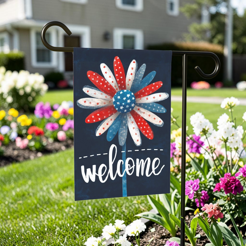 Patriotic Daisy Welcome Garden Flag - lifestyle display - Dragonfire Gardens