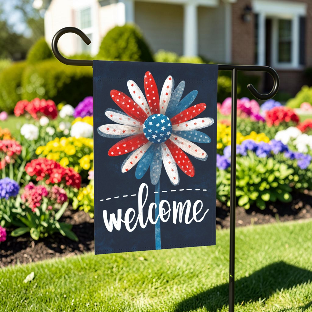 Patriotic Daisy Welcome Garden Flag - front view - Dragonfire Gardens