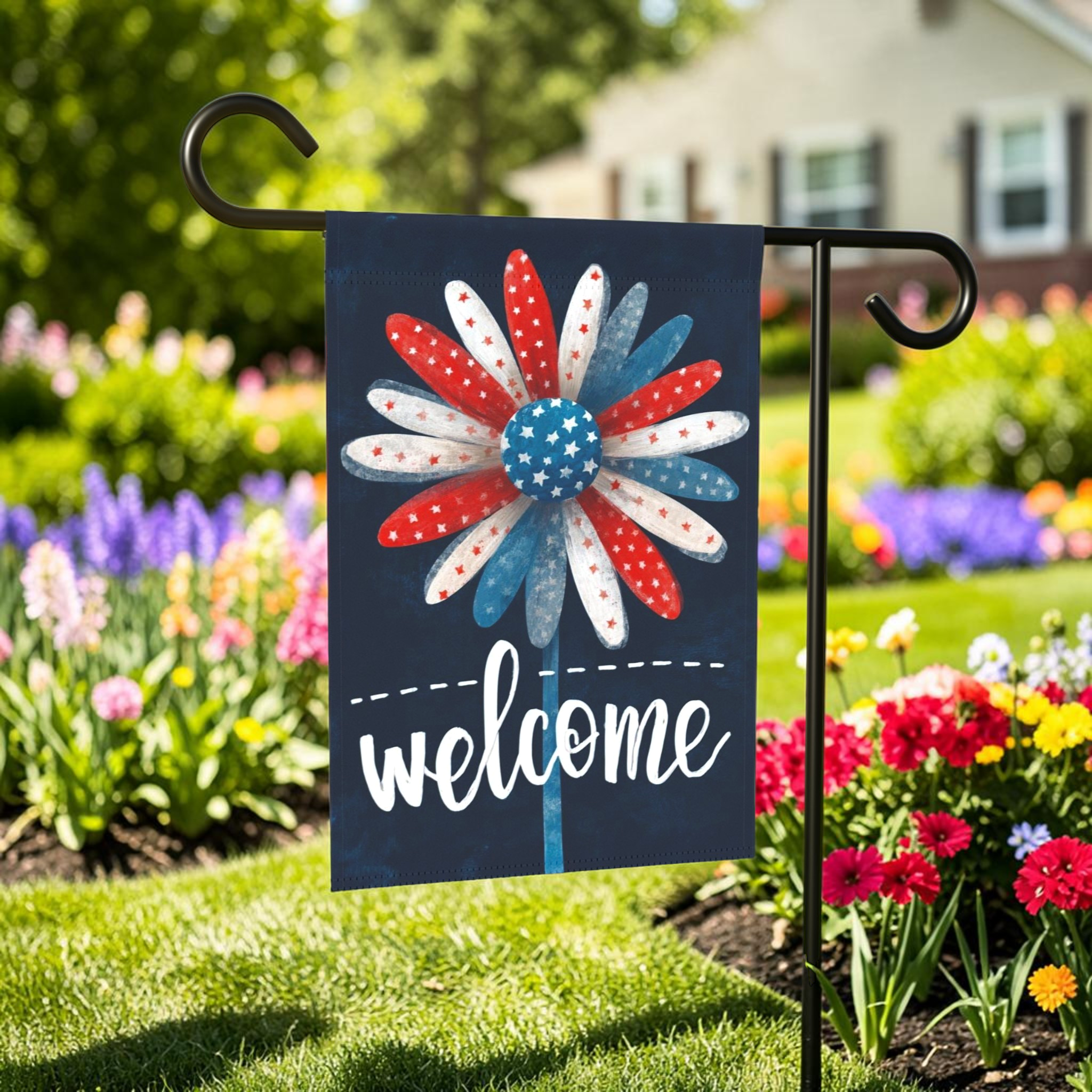 Patriotic Daisy Welcome Garden Flag - outdoor display - Dragonfire Gardens
