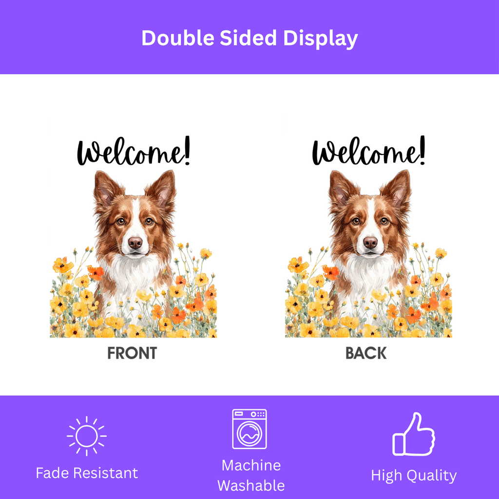 Yellow Poppies Red and White Border Collie Welcome Garden Flag Double Sided 12x18 24x32 Outdoor