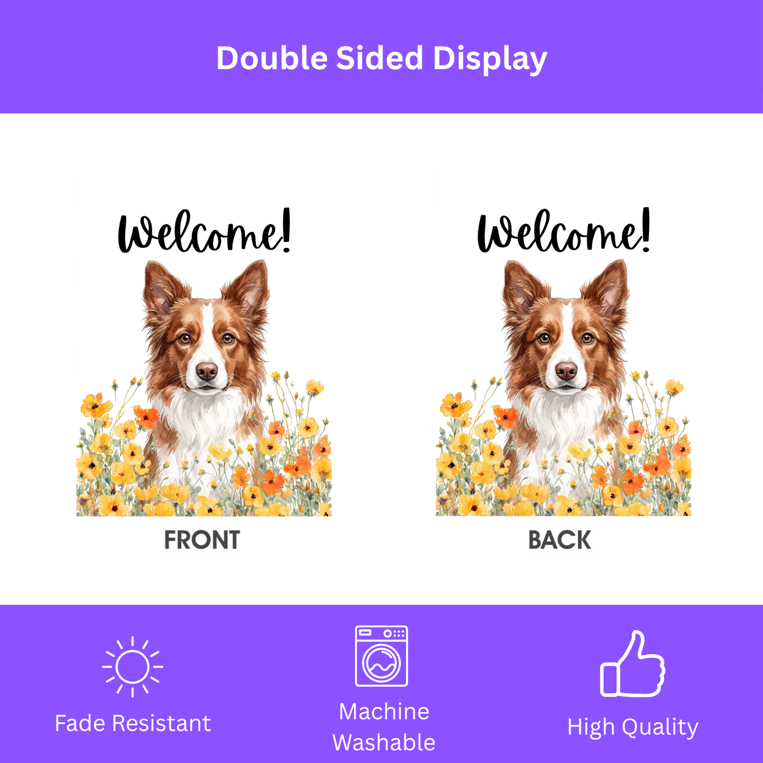 Yellow Poppies Red and White Border Collie Welcome Garden Flag Double Sided 12x18 24x32 Outdoor