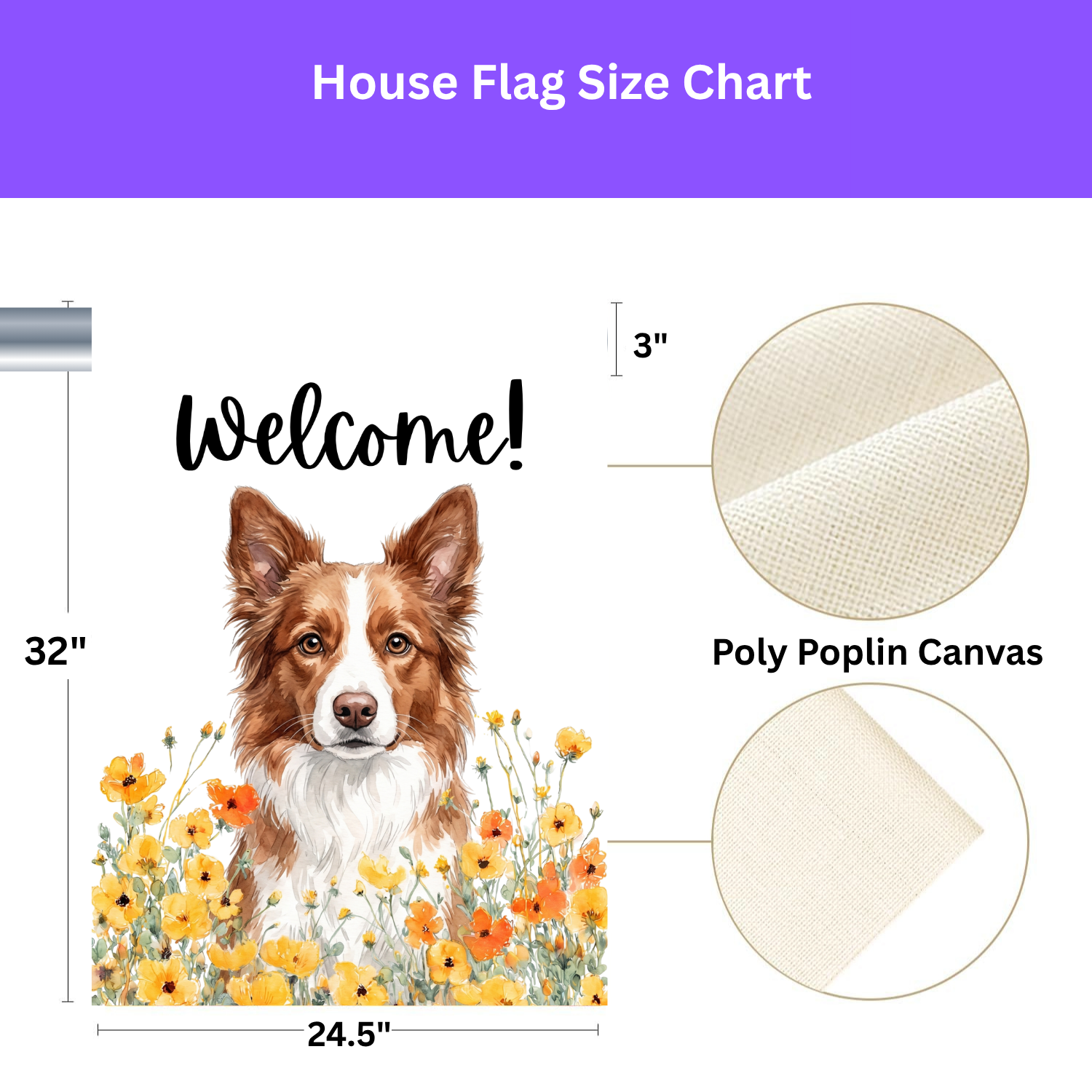 Yellow Poppies Red and White Border Collie Welcome Garden Flag Double Sided 12x18 24x32 Outdoor