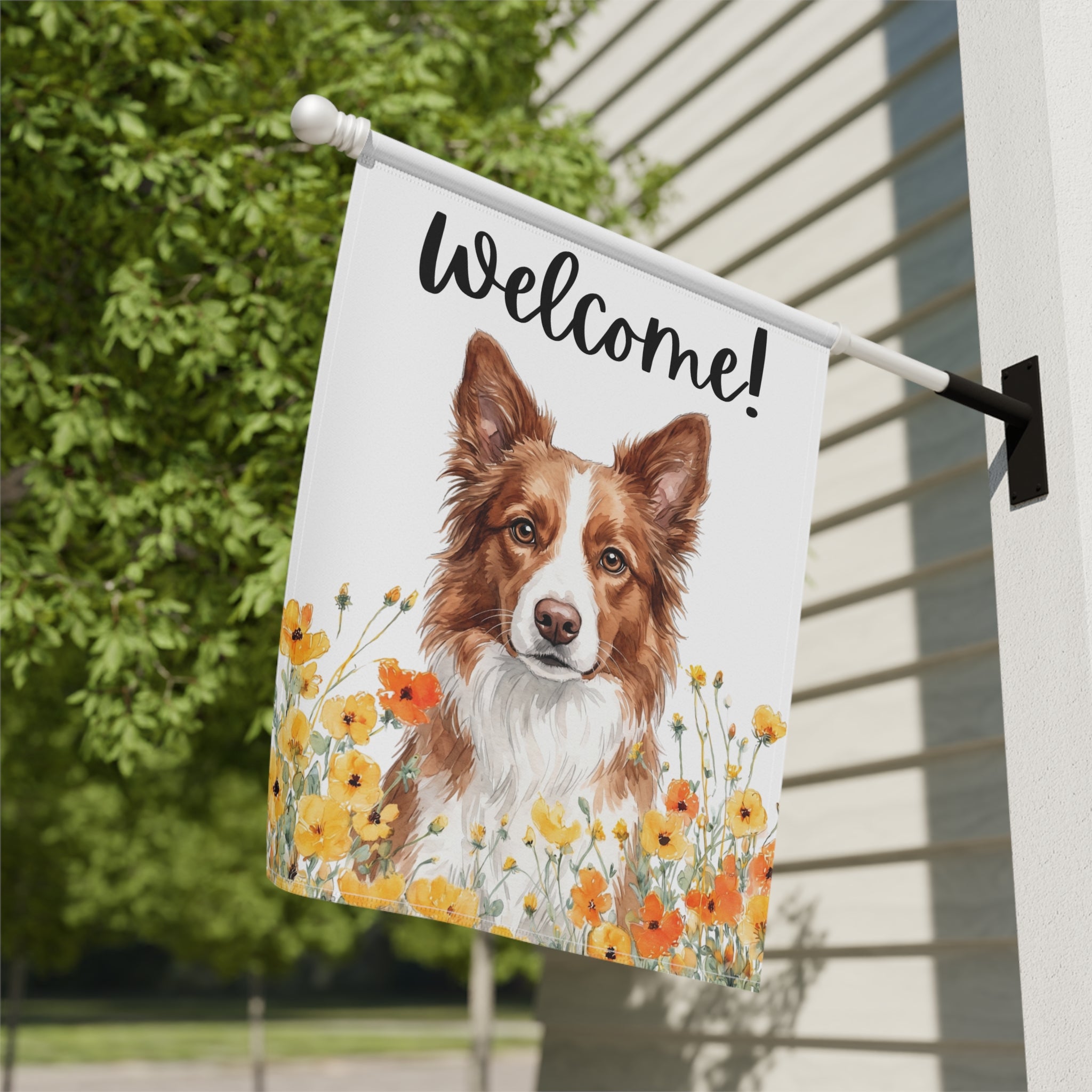 Yellow Poppies Red and White Border Collie Welcome Garden Flag Double Sided 12x18 24x32 Outdoor