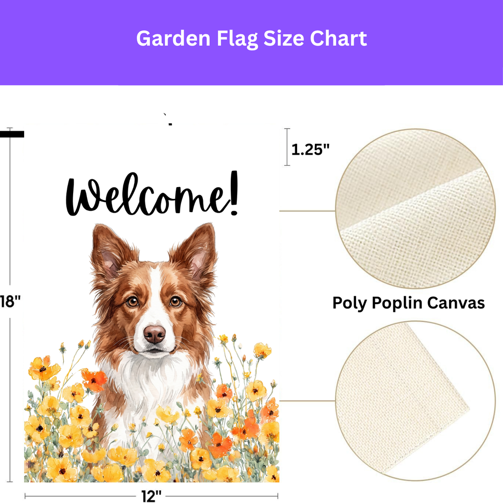 Yellow Poppies Red and White Border Collie Welcome Garden Flag Double Sided 12x18 24x32 Outdoor