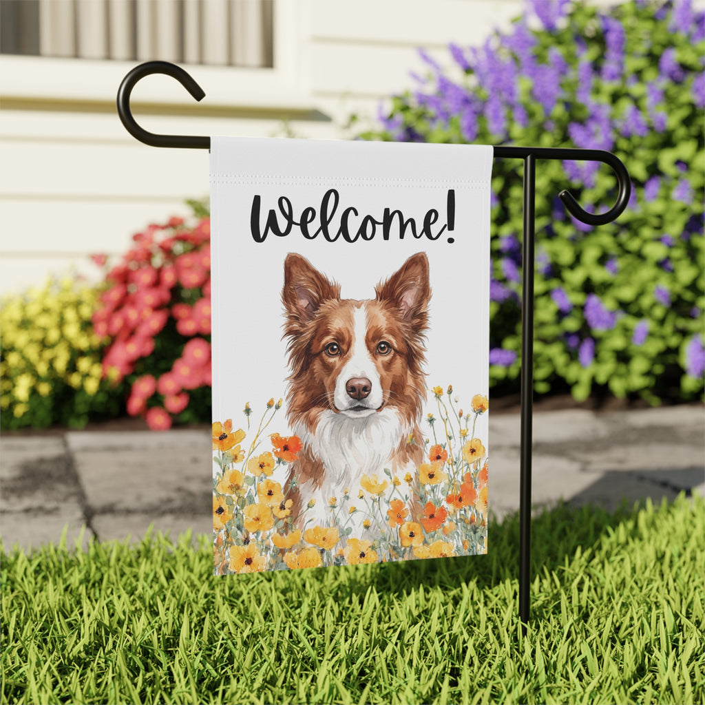 Yellow Poppies Red and White Border Collie Welcome Garden Flag Double Sided 12x18 24x32 Outdoor
