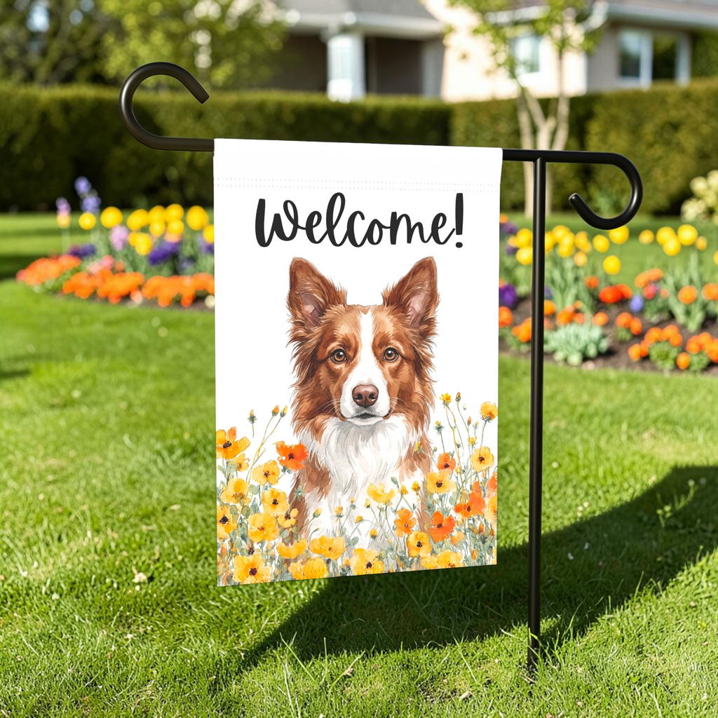 Yellow Poppies Red and White Border Collie Welcome Garden Flag Double Sided 12x18 24x32 Outdoor
