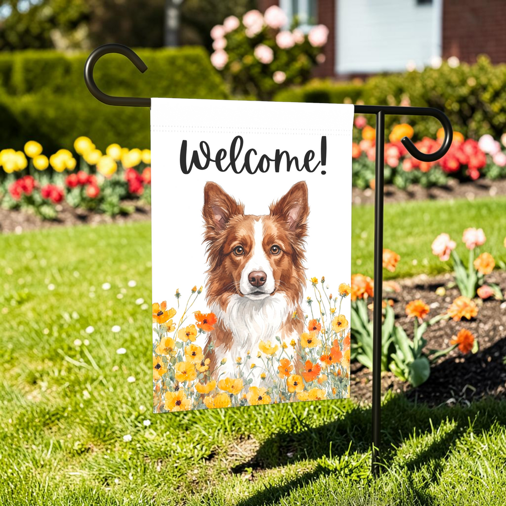 Yellow Poppies Red and White Border Collie Welcome Garden Flag Double Sided 12x18 24x32 Outdoor