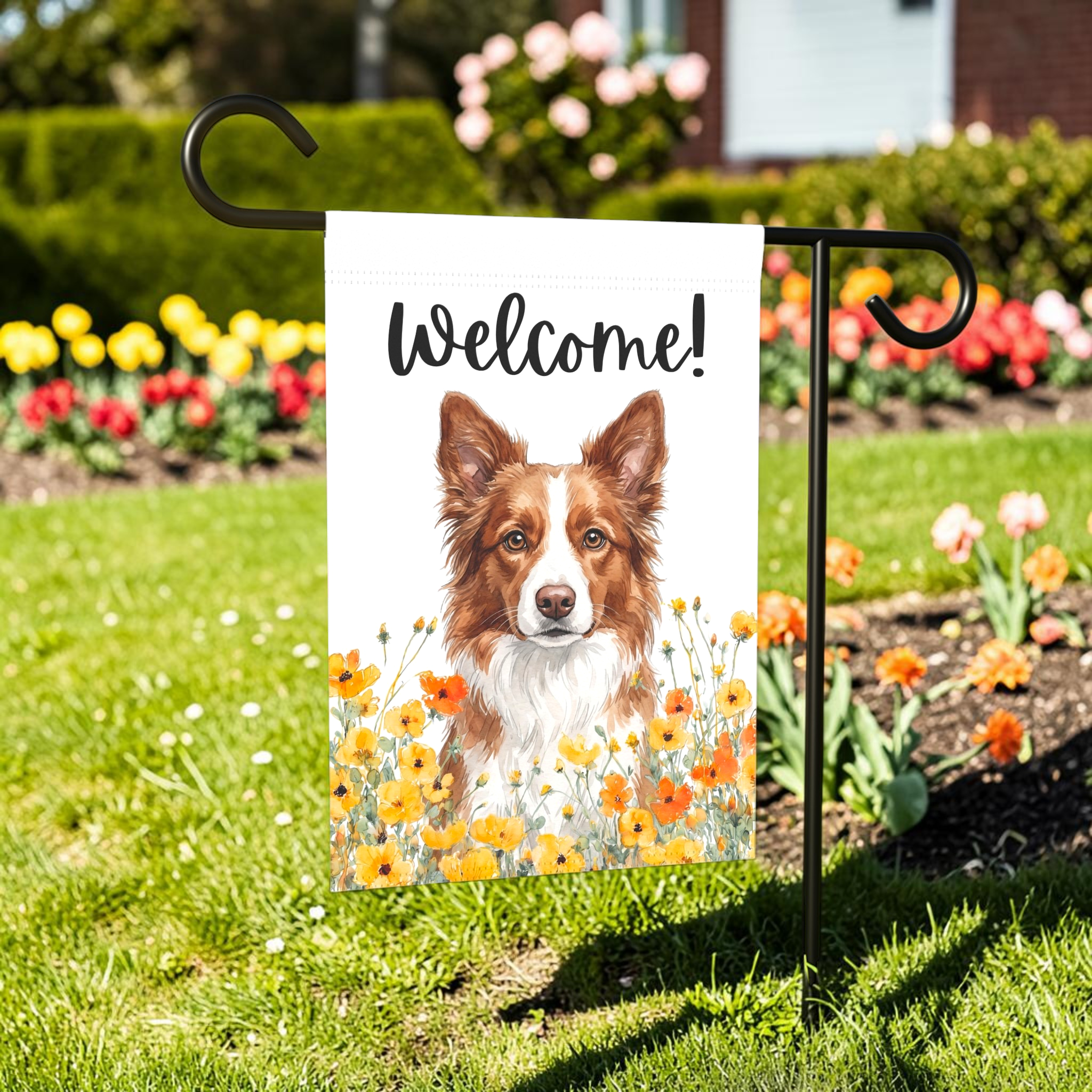 Yellow Poppies Red and White Border Collie Welcome Garden Flag Double Sided 12x18 24x32 Outdoor