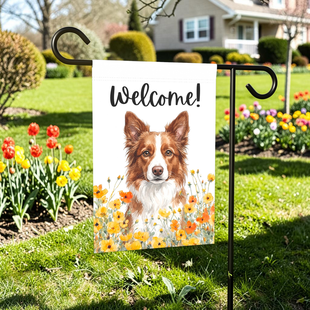 Yellow Poppies Red and White Border Collie Welcome Garden Flag Double Sided 12x18 24x32 Outdoor
