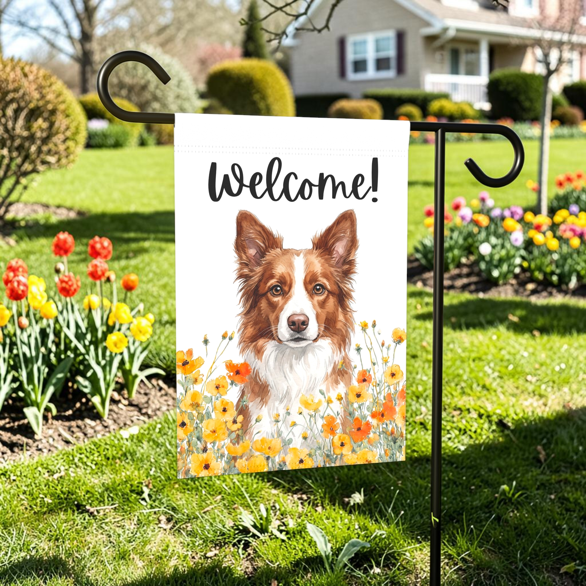 Yellow Poppies Red and White Border Collie Welcome Garden Flag Double Sided 12x18 24x32 Outdoor