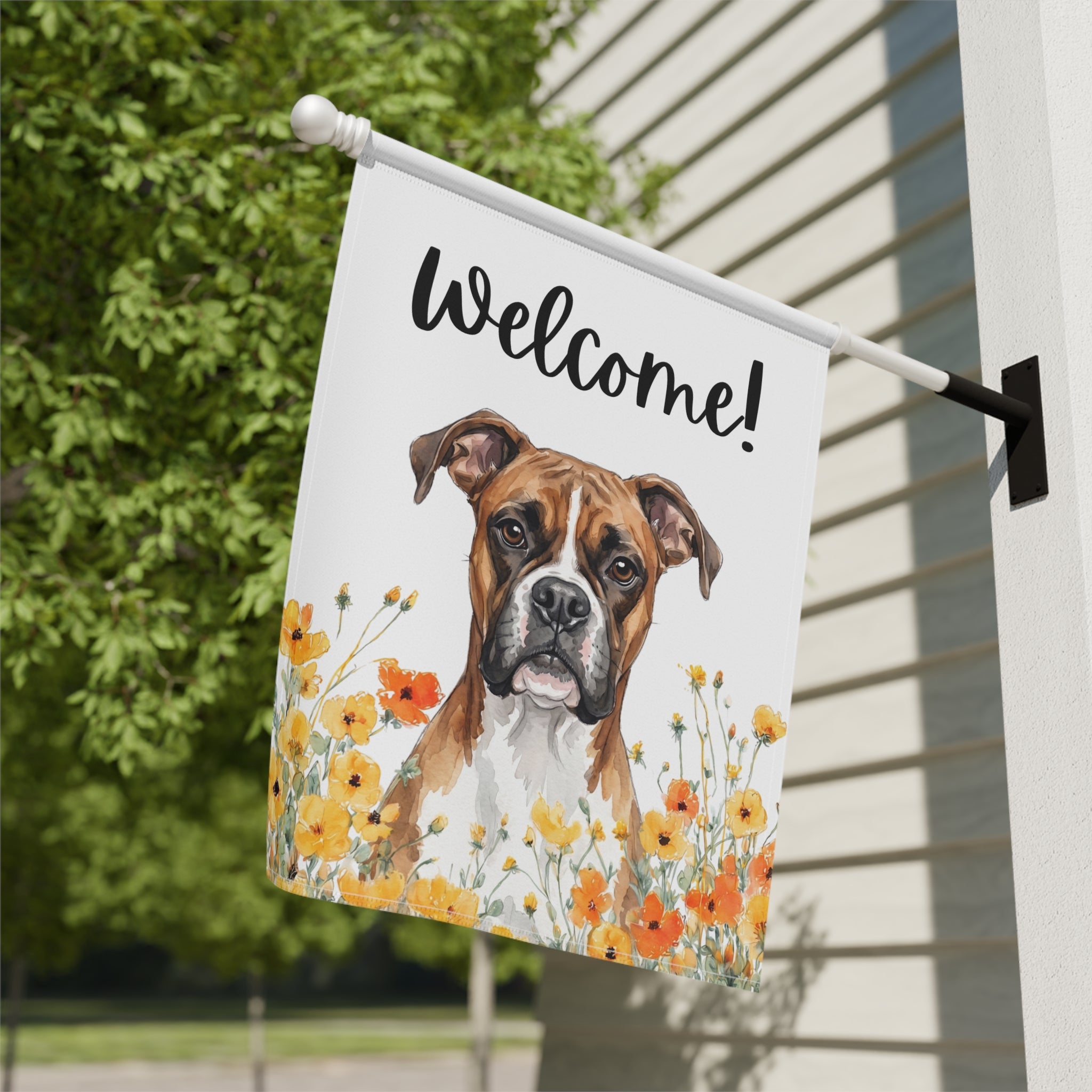 Yellow Poppies Boxer Welcome Garden Flag Double Sided 12x18 24x32 Outdoor
