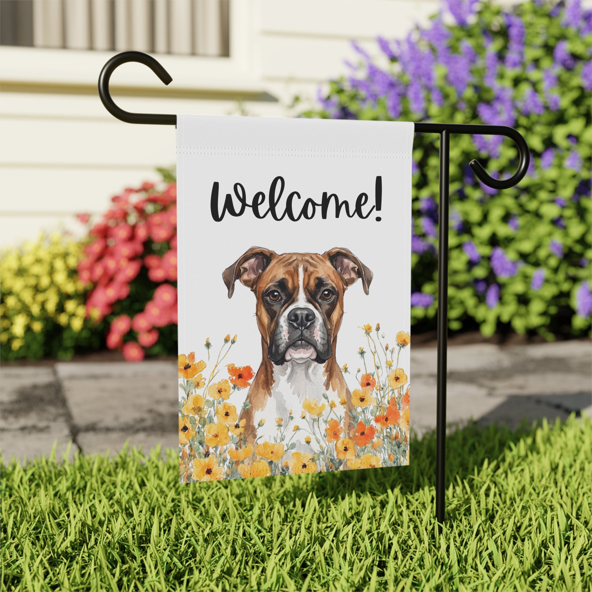 Yellow Poppies Boxer Welcome Garden Flag Double Sided 12x18 24x32 Outdoor