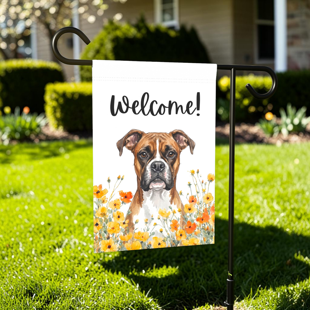 Yellow Poppies Boxer Welcome Garden Flag Double Sided 12x18 24x32 Outdoor