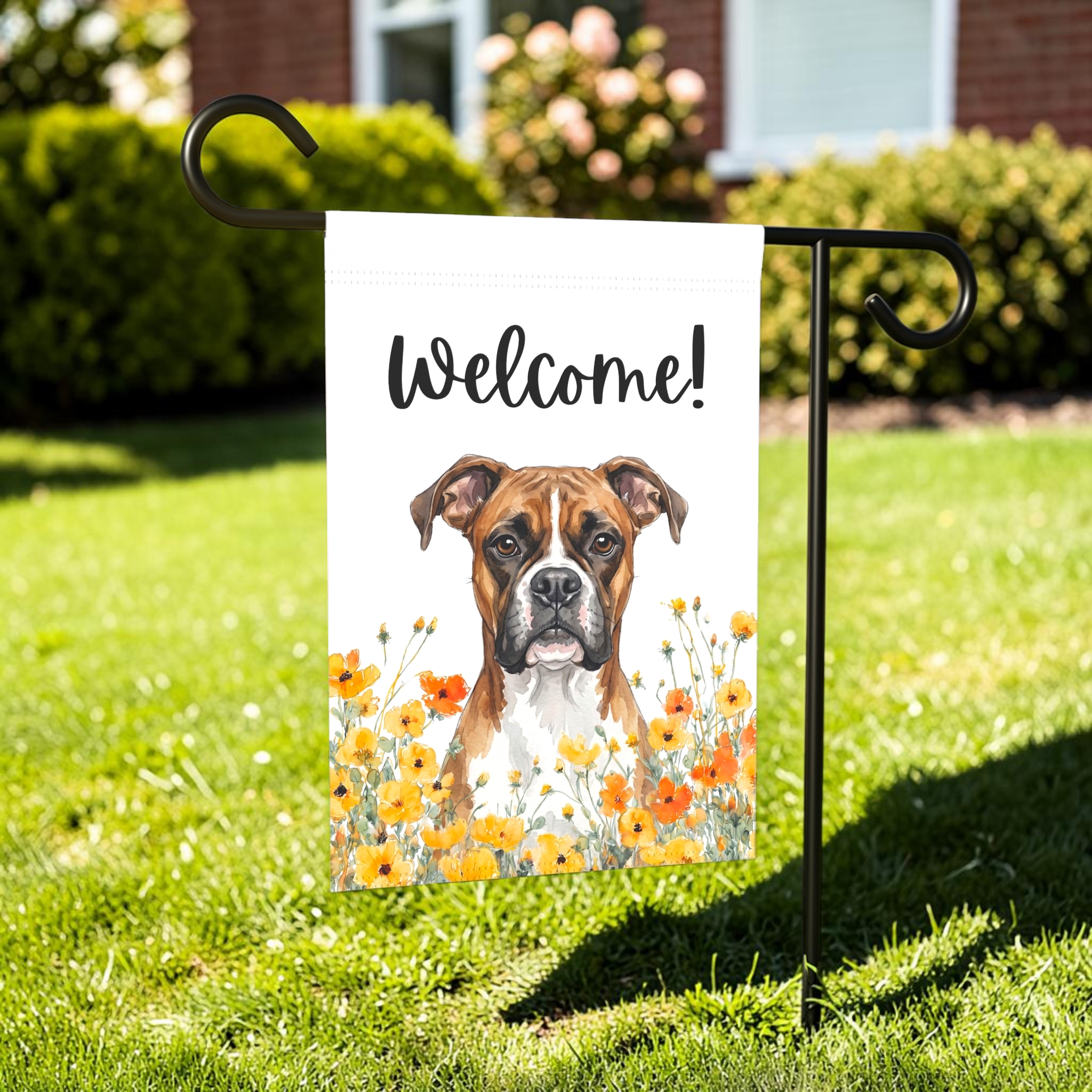Yellow Poppies Boxer Welcome Garden Flag Double Sided 12x18 24x32 Outdoor